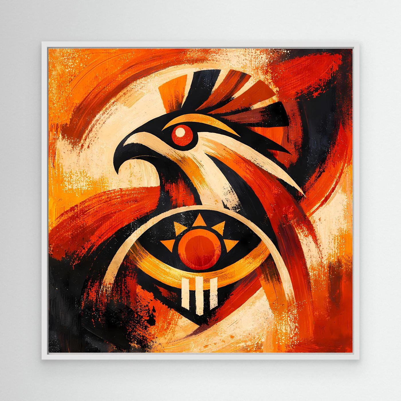 Wandbild mit Falken- und Sonnensymbol, orange-rot-schwarz, im weißen Rahmen