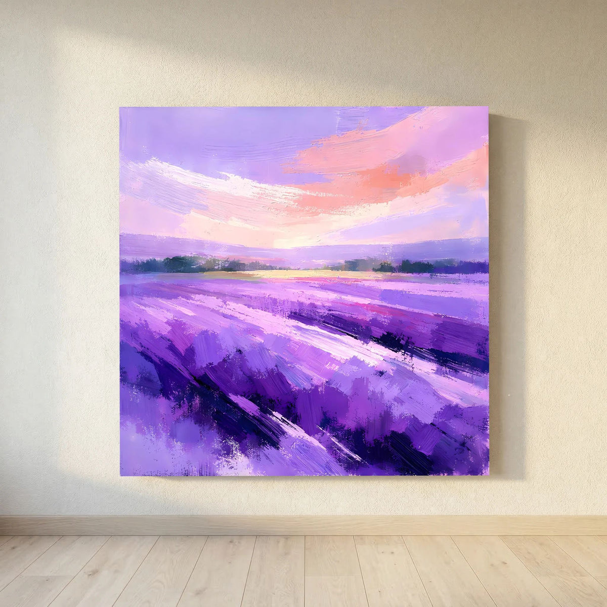 Lila abstraktes Leinwandbild, mittig: violette Pinselstriche im Lavendelfeld, rosafarbener Himmel