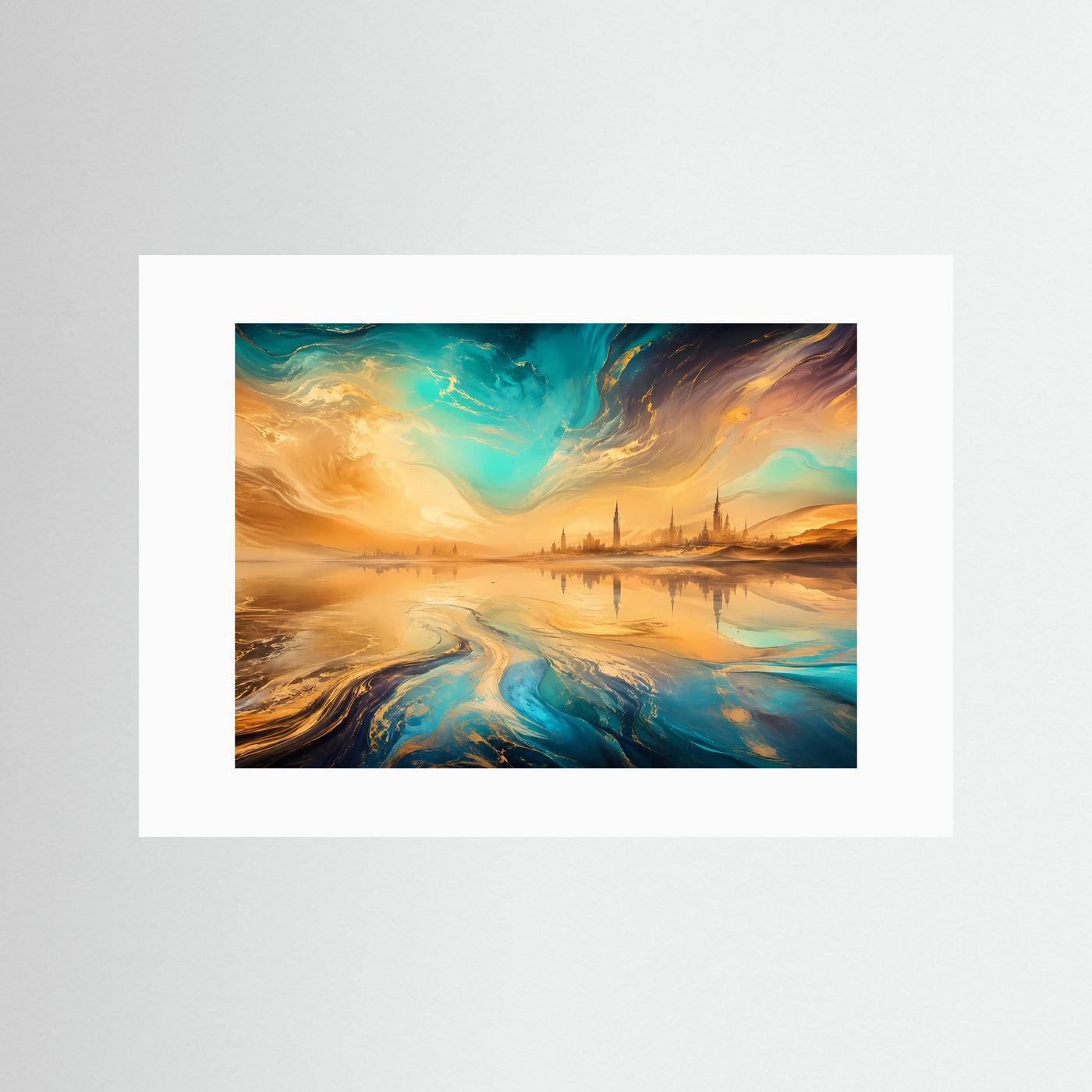 Fata Morgana Poster | Surreale Wüstenlandschaft mit Gold und Türkis | Abstrakte Traumlandschaft | Modernes Wandbild