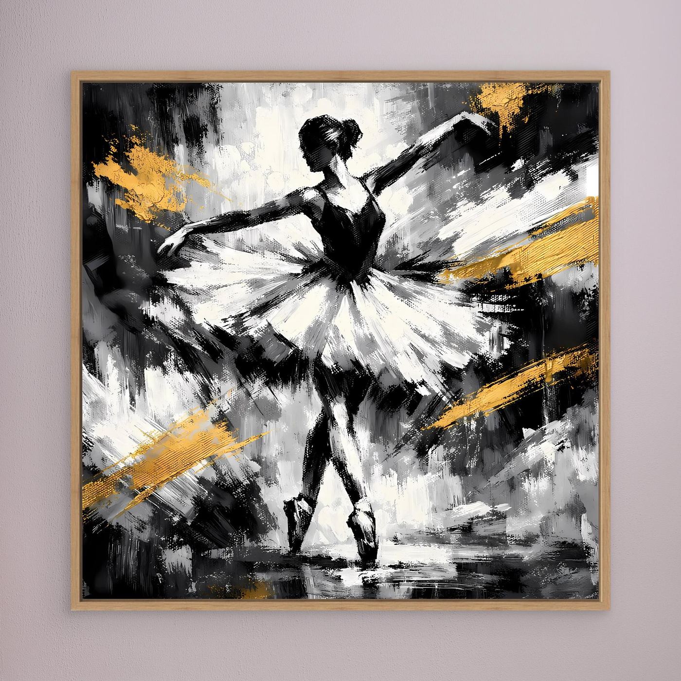 Gerahmtes Leinwandbild mit abstrakter Ballerina in Schwarzweiß und goldenen Farbakzenten