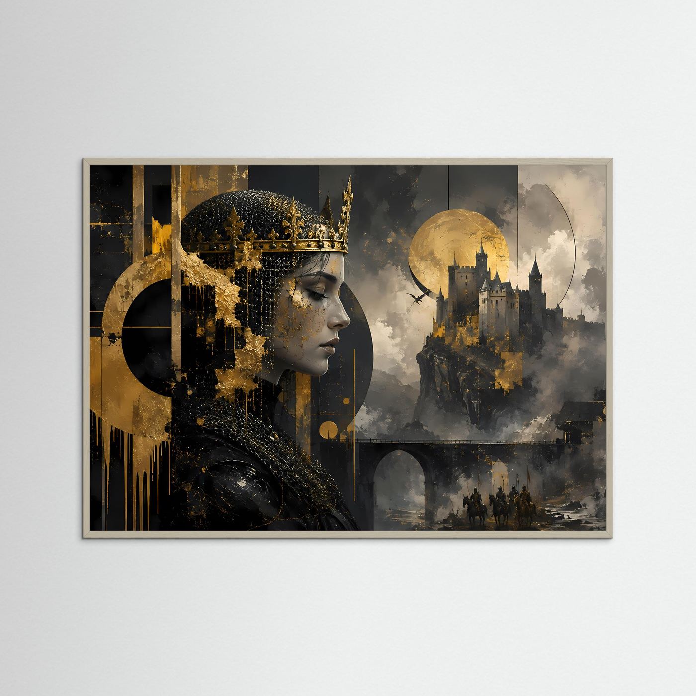 Mittelalterliche Königin vor Burg | Mystische Fantasy-Kunst in Schwarz & Gold