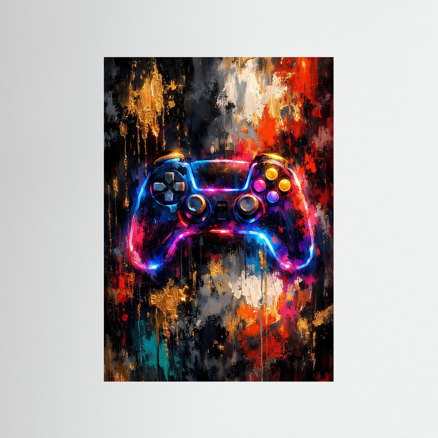 Gaming-Poster mit Controller-Illustration in Neonblau, Rot und Gold, abstrakt