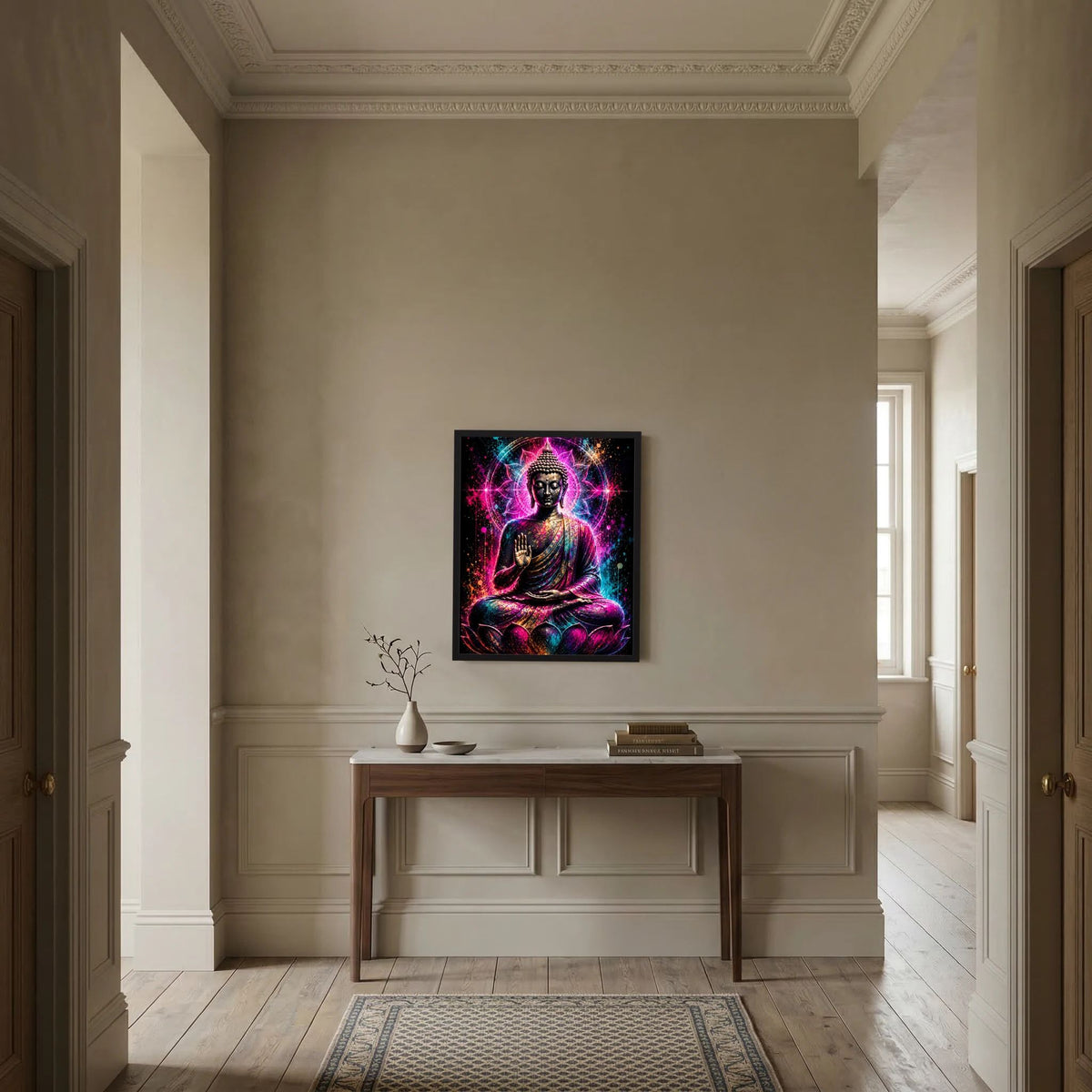Neon-Buddha-Wandbild im schwarzen Rahmen: meditierender Buddha auf Lotus in Pink/Türkis