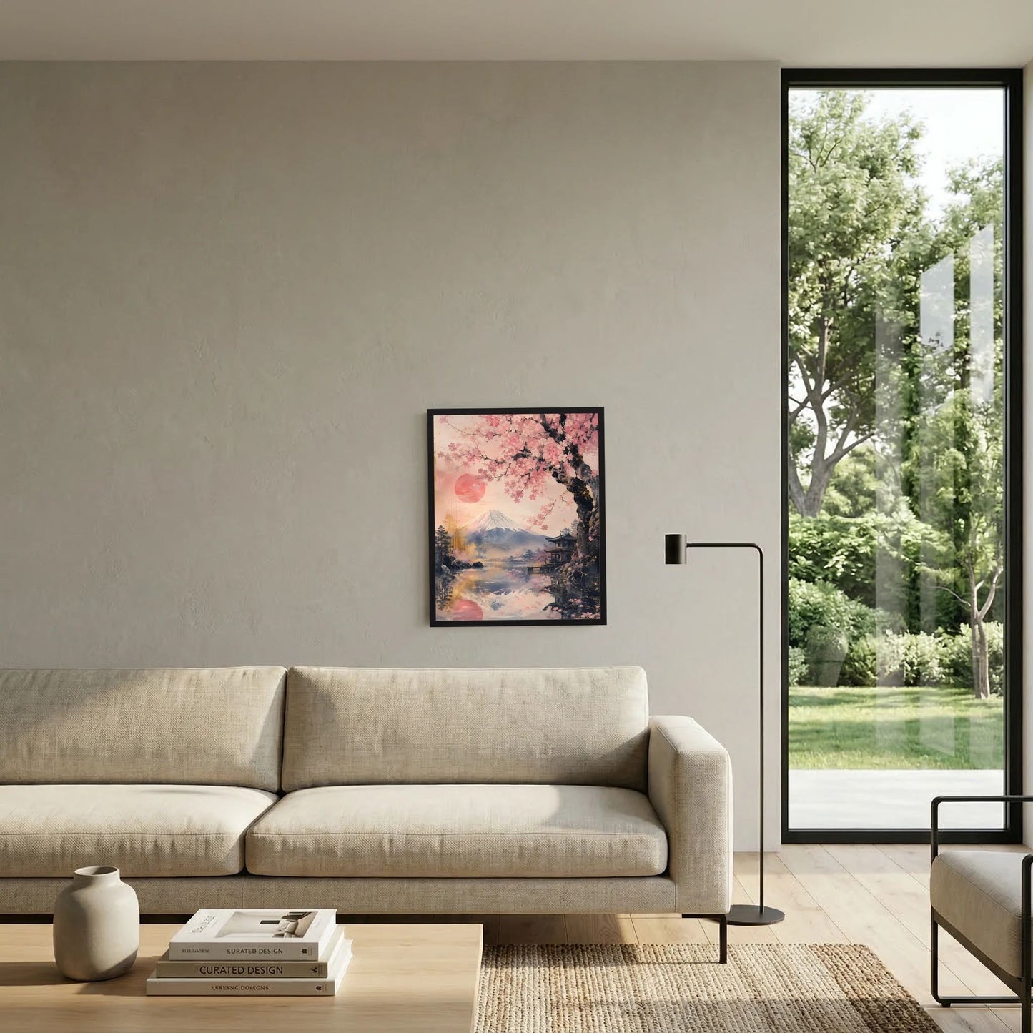 Gerahmtes Poster mit Kirschblüten und Fuji-Landschaft, rosafarbener Mond, schwarzer Rahmen.