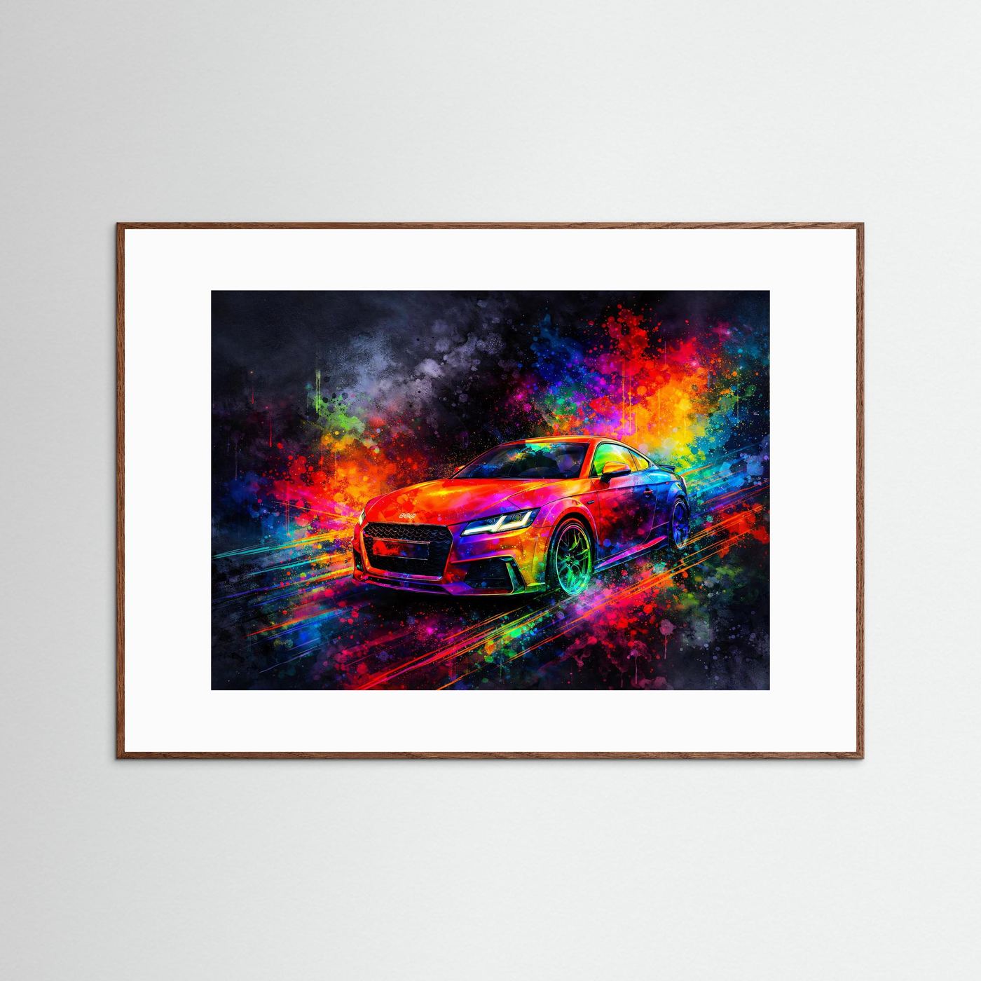 Explosiver Modern Sportwagen | Buntes Neon Auto Wandbild & Kunst Poster Querformat
