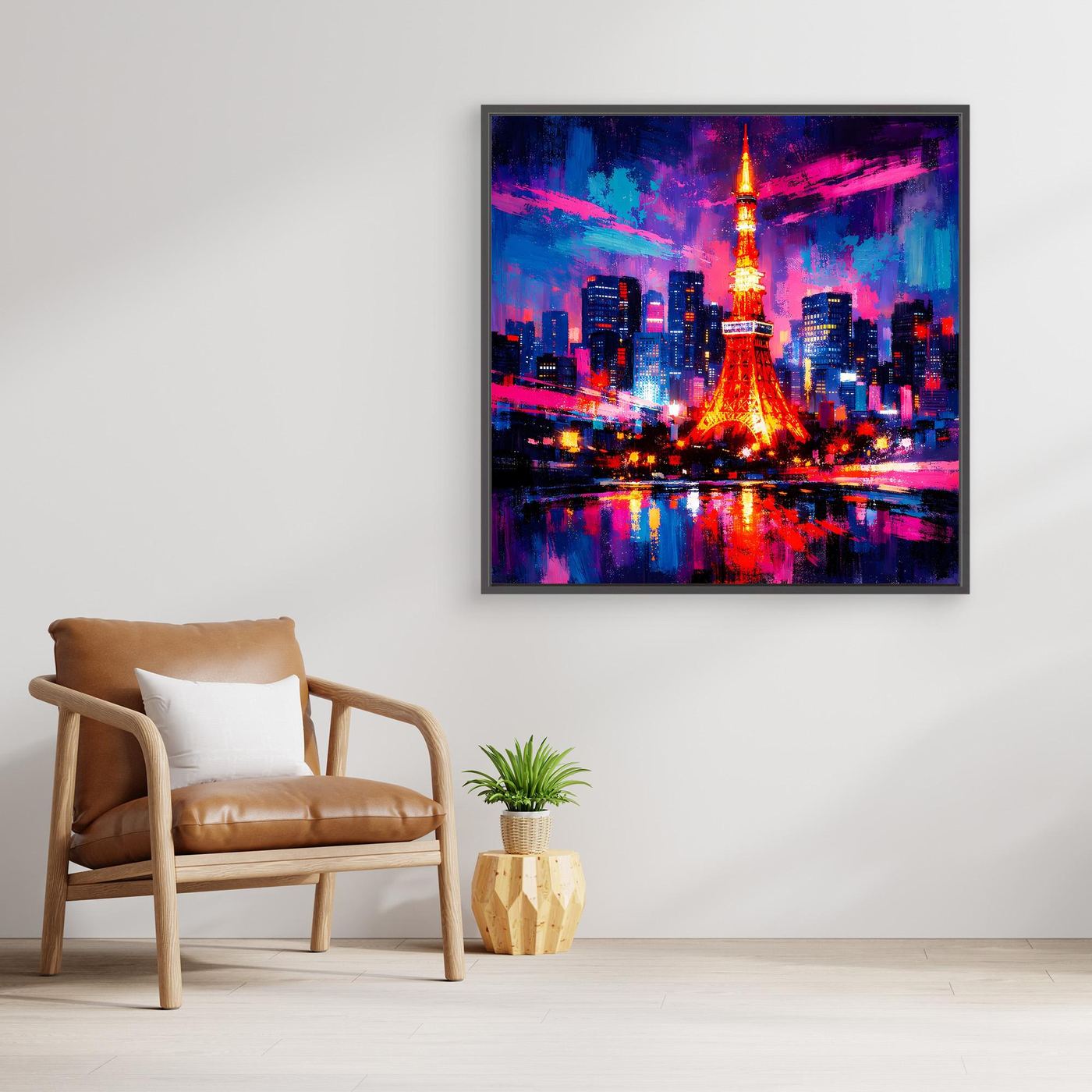 Abstraktes Skyline-Wandbild mit leuchtender Stadt und Turm, dunkel gerahmt