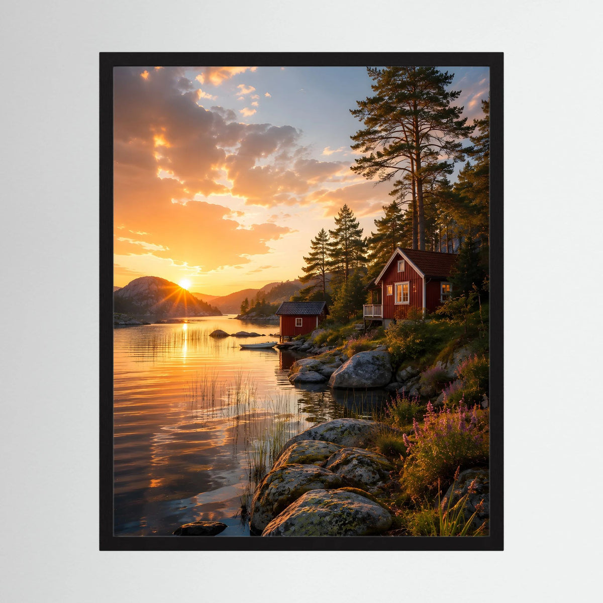 Gerahmtes Hochformat-Kunstposter: Seeufer, rote Hütte und goldener Sonnenuntergang