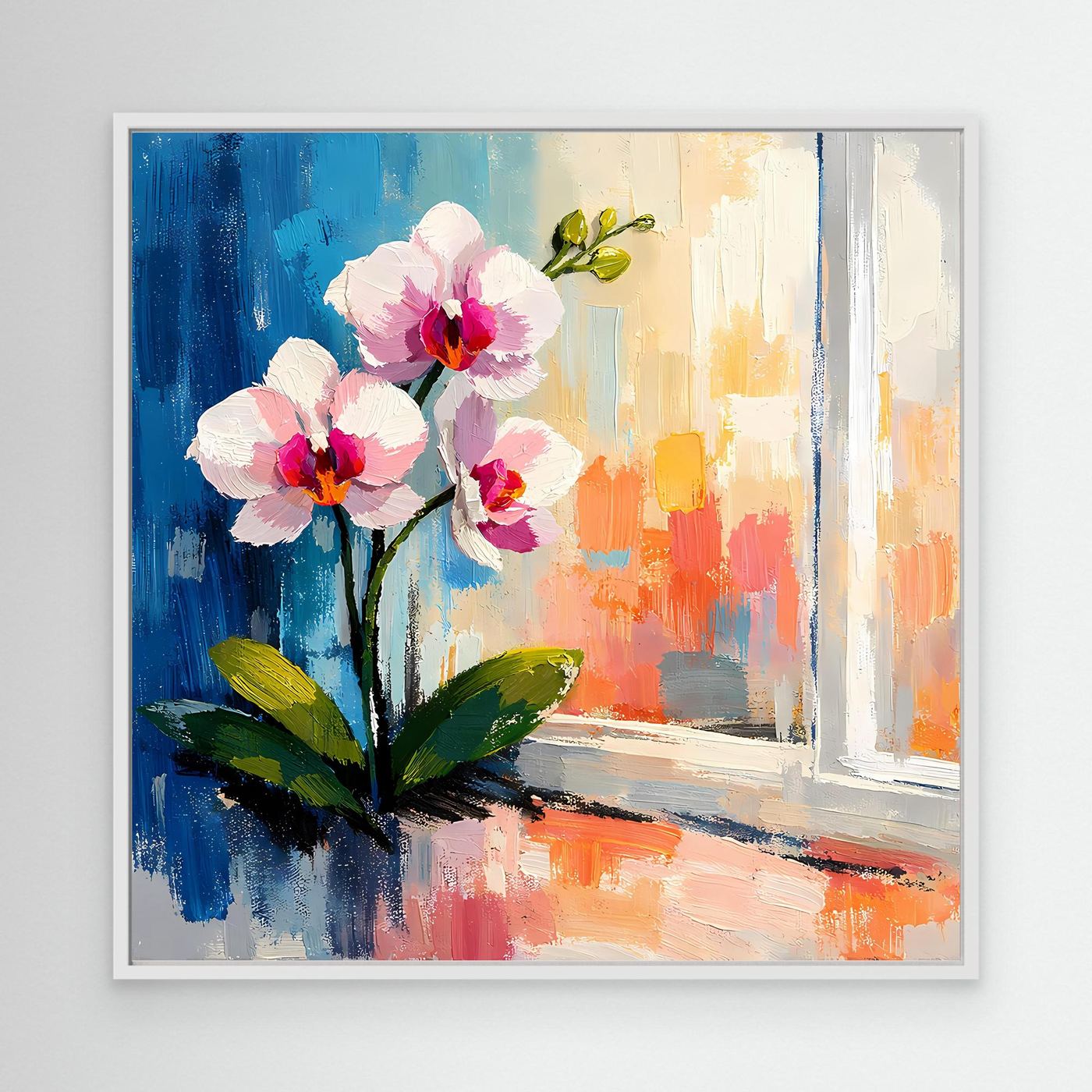Leinwandbild mit abstrakten Orchideen am Fenster, rosa Blüten, grüne Blätter, silbergrau gerahmt.