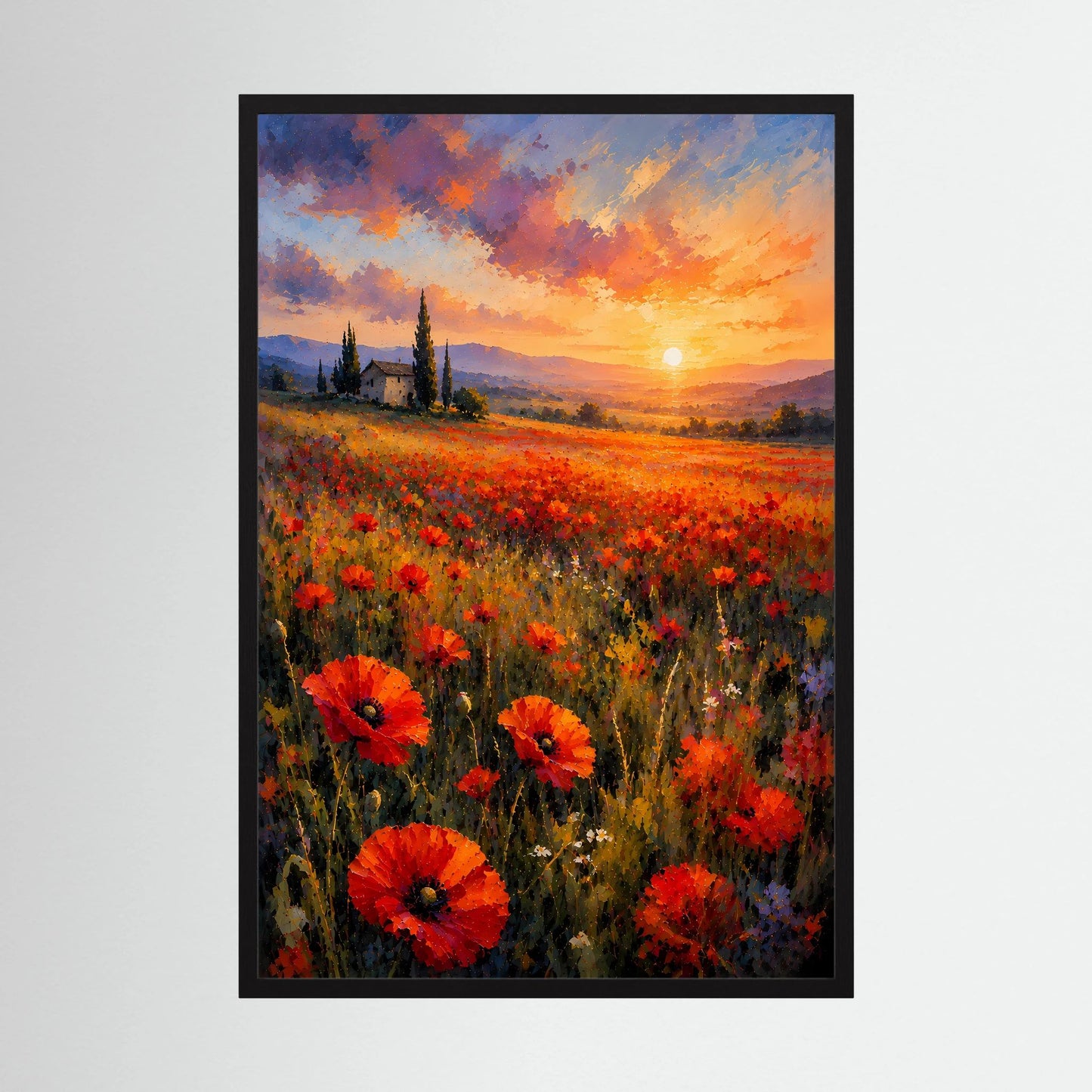 Poster im Hochformat: Mohnblumenfeld im Sonnenuntergang, rote Wiese und orange Sonne