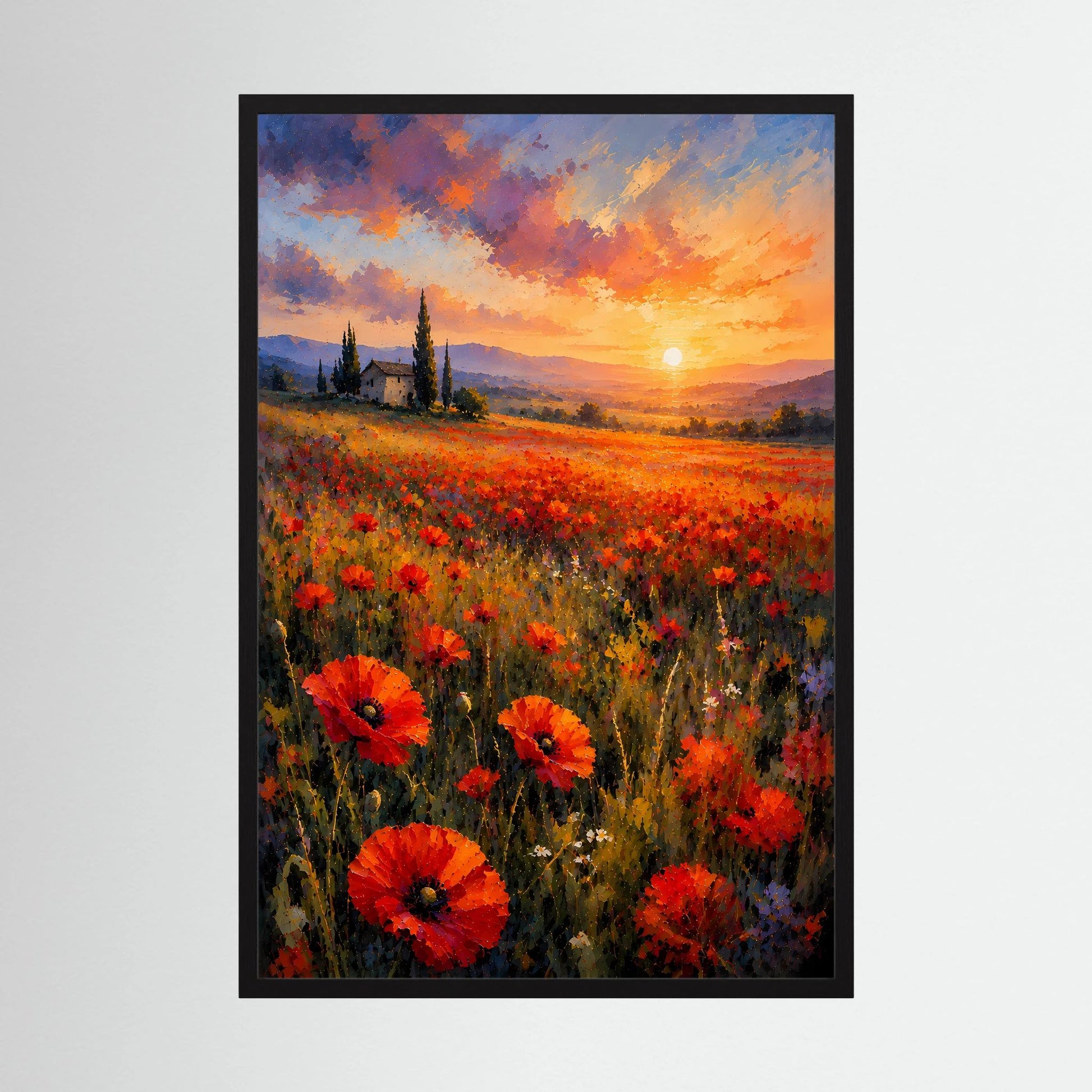 Poster im Hochformat: Mohnblumenfeld im Sonnenuntergang, rote Wiese und orange Sonne