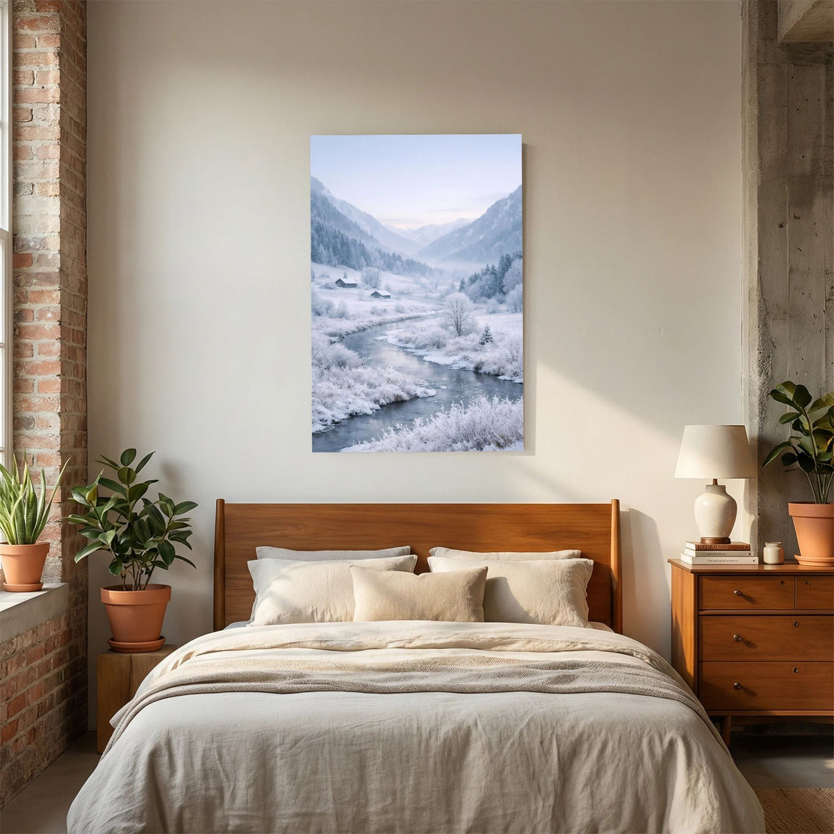 Hochkant-Wandposter mit winterlicher Alpenlandschaft und Fluss, weißer Rand