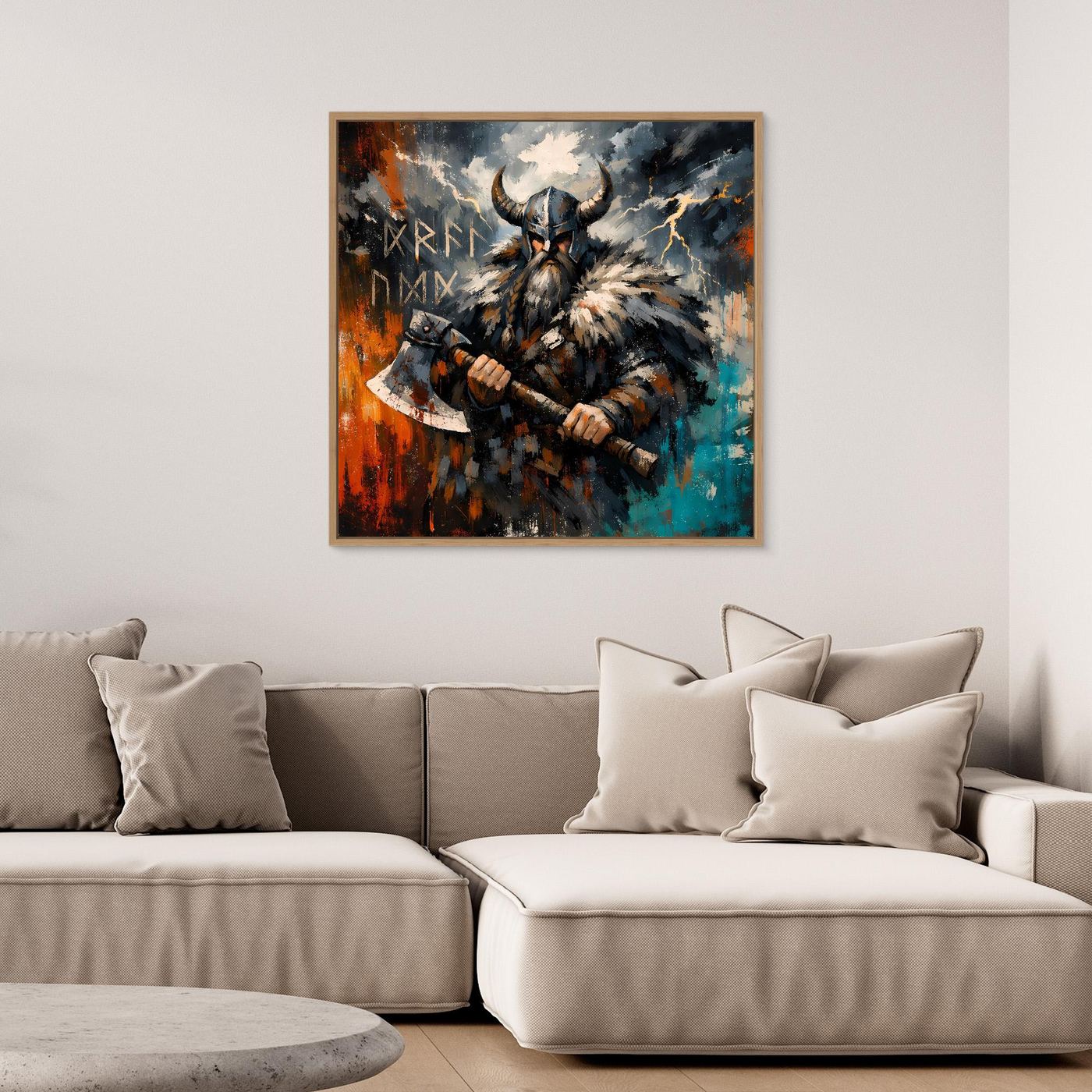 Abstraktes Wandbild mit Wikingerkrieger und Streitaxt, brauner Rahmen