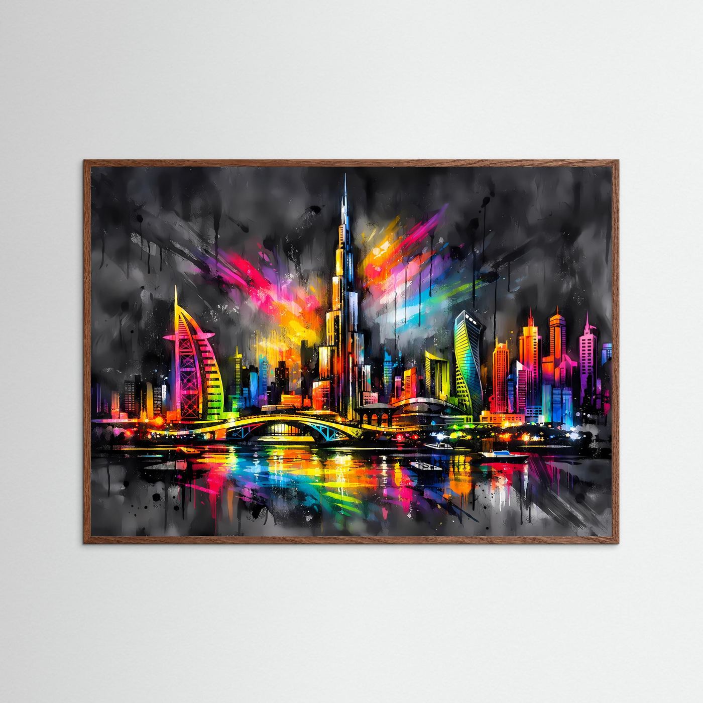 Wandbild Neon-Dubai-Skyline bei Nacht mit Brücke und farbigen Lichtern, dunkelbrauner Holzrahmen