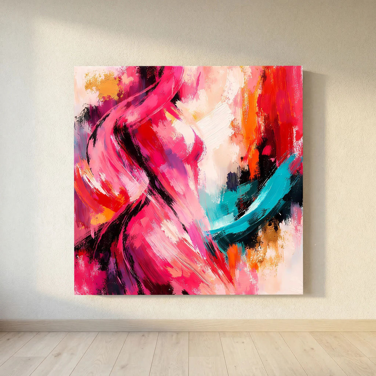 Leinwandbild auf Holzkeilrahmen: abstrakte Silhouette mit Pinken Strichen und türkis-blauem Bogen