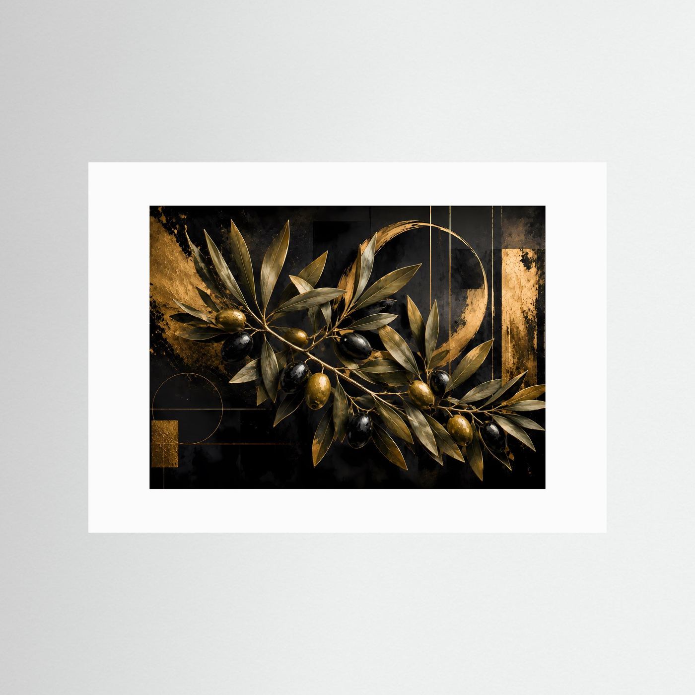 Goldener Olivenzweig auf tiefschwarzem Hintergrund | Elegante Oliven mit metallischen Goldakzenten und geometrischen Formen | Luxuriöse mediterrane Botanik-Wandkunst im Querformat