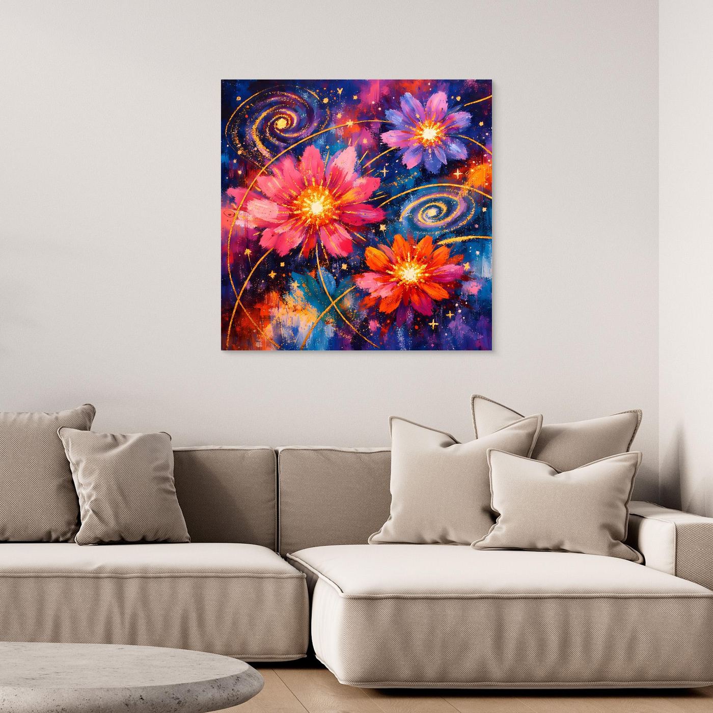 Leinwand-Wandbild mit kosmischen Blüten, Sternen und Spiralnebeln in Blau-Rosa-Farben.