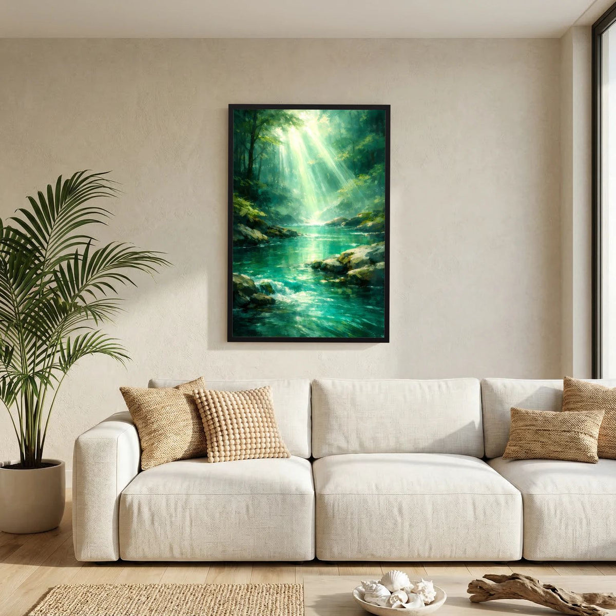 Wandbild im Hochformat mit grünem Fluss im Wald und Sonnenstrahlen, schwarzer Rahmen