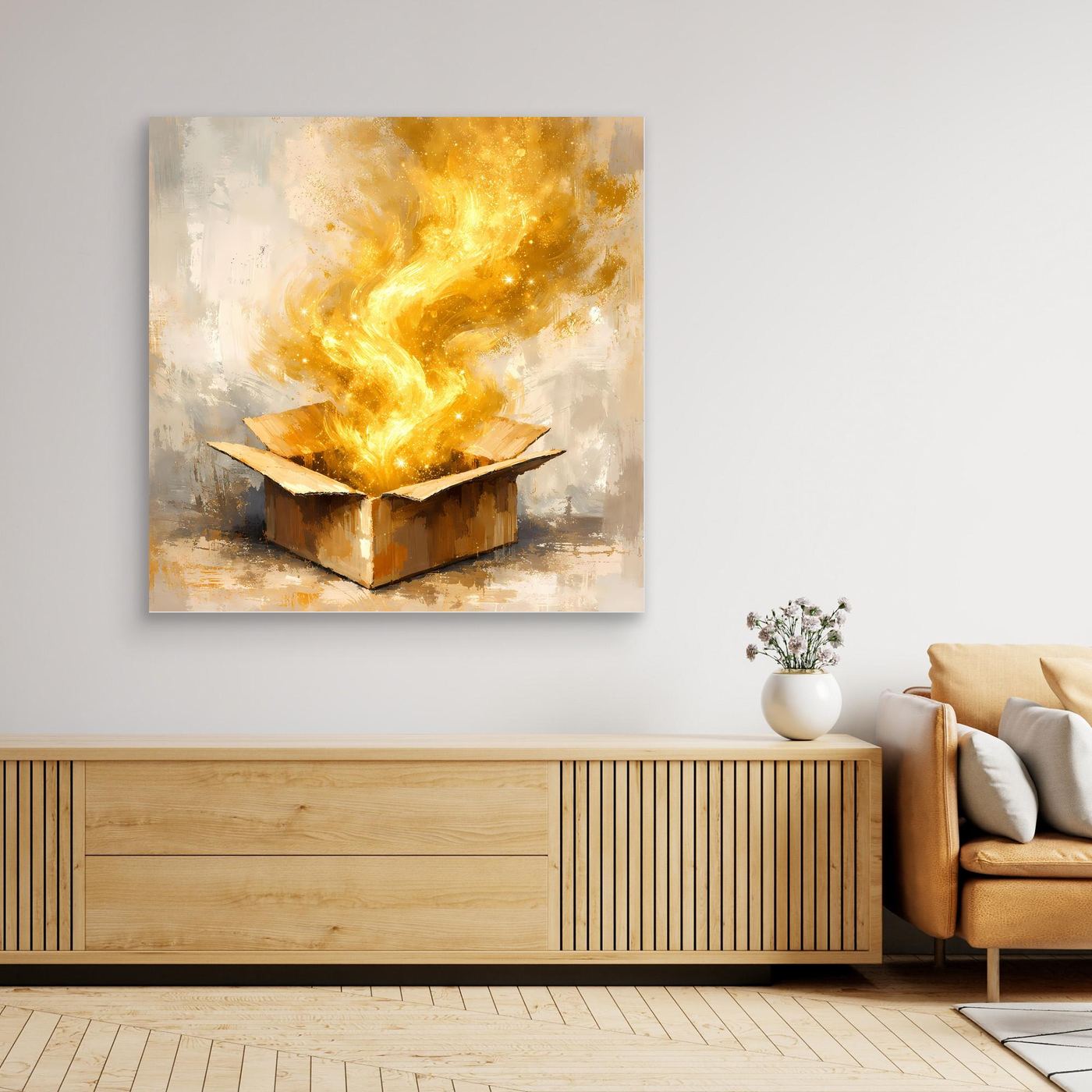 Premium Leinwand Magisches Leuchten aus der Box | Abstraktes Fantasy Wandbild Goldglorie