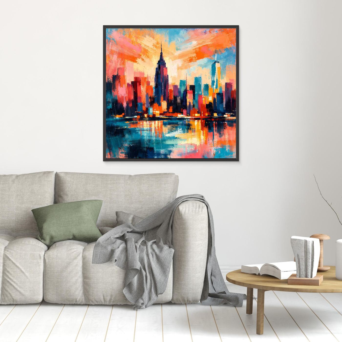 Gerahmtes abstraktes Leinwandbild mit Skyline und Wasserspiegelung, orange-blau, schwarzer Rahmen