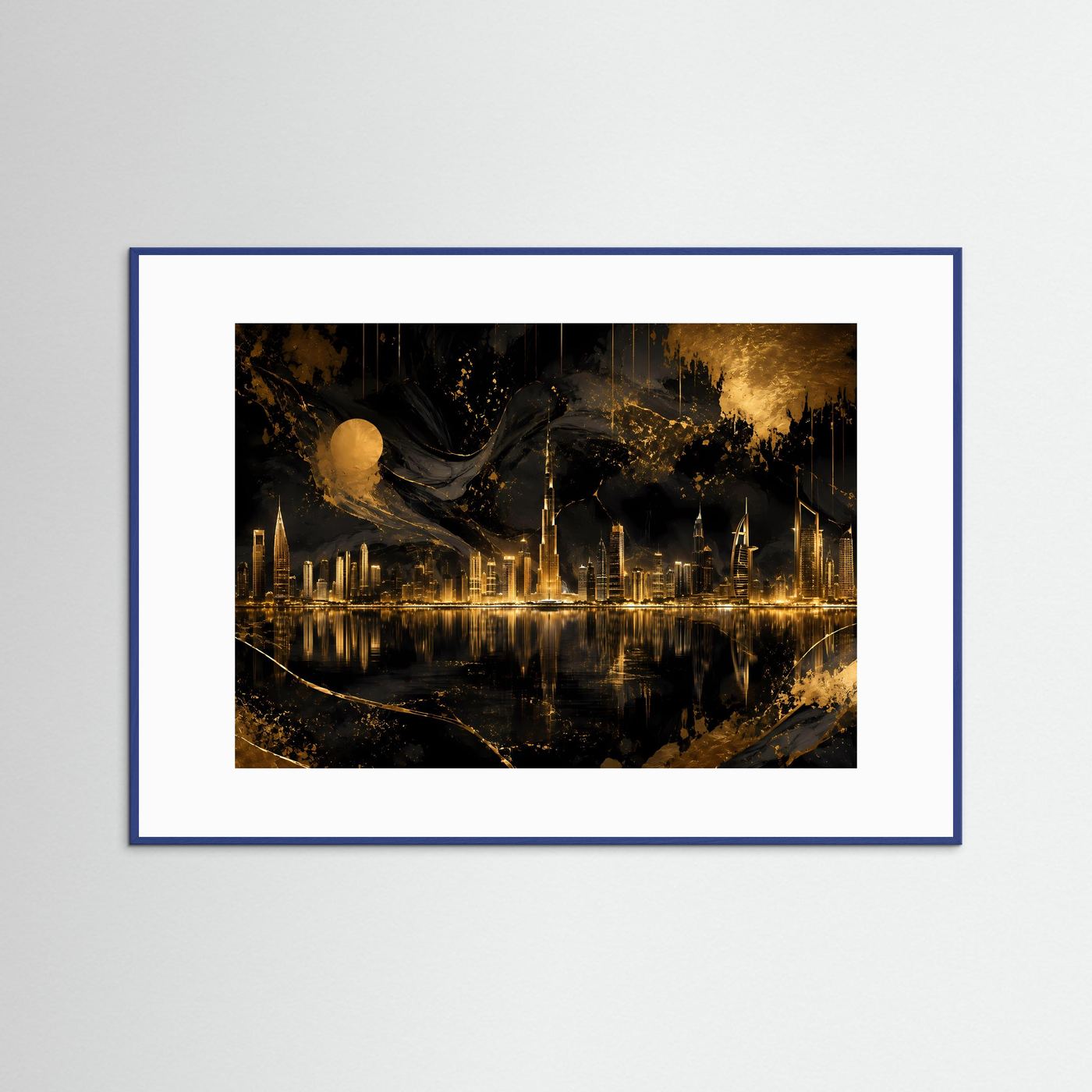 Gerahmtes Poster mit abstrakter Skyline bei Nacht in Schwarz und Gold, Querformat