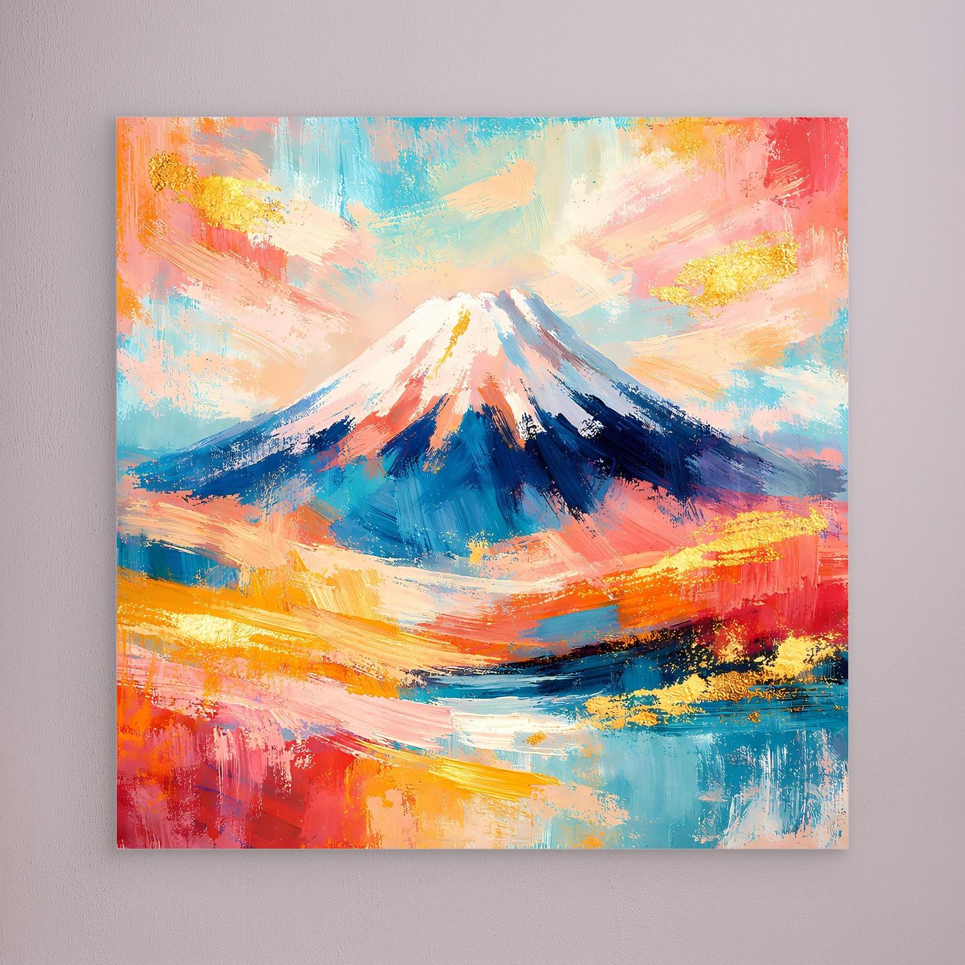 Leinwandbild mit abstraktem Mount-Fuji-Bergmotiv, ohne erkennbaren Rahmen, bunte Farben