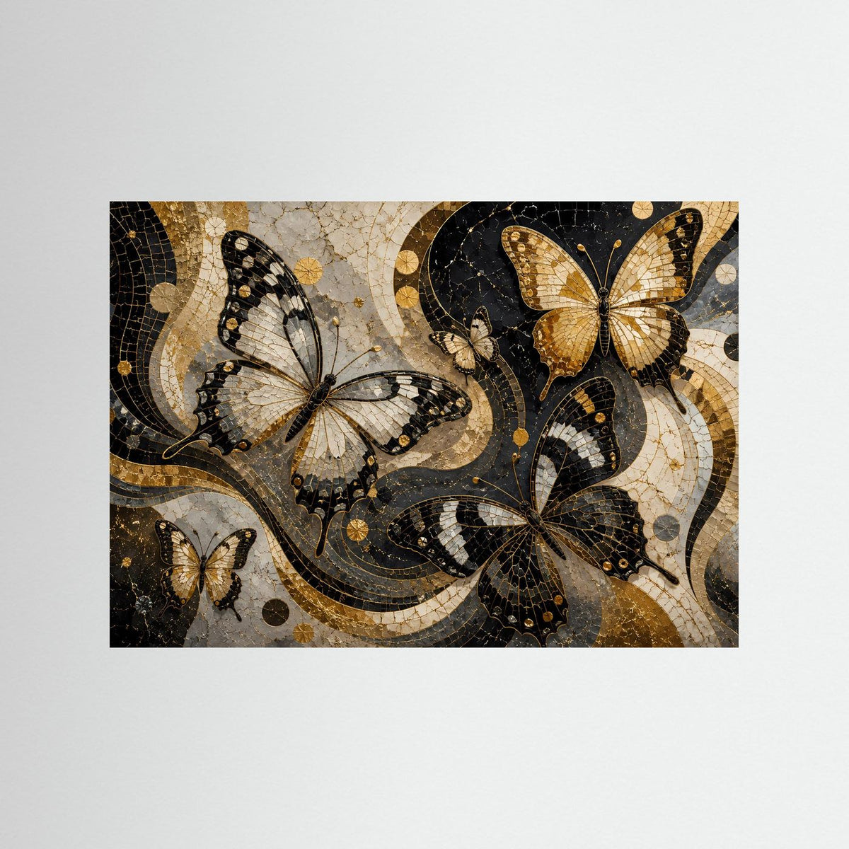 Poster mit Mosaik-Schmetterlingen in Schwarz und Gold, querformatig