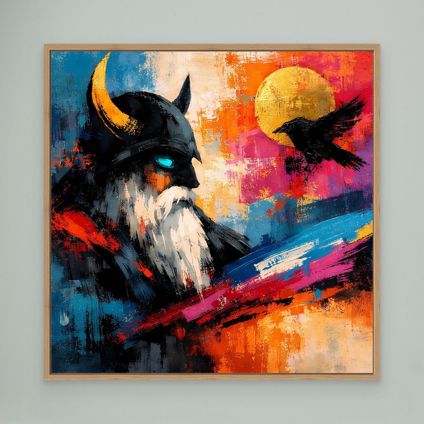 Abstraktes Leinwand-Wandbild mit Odin und schwarzem Rabenmotiv im Eichenrahmen