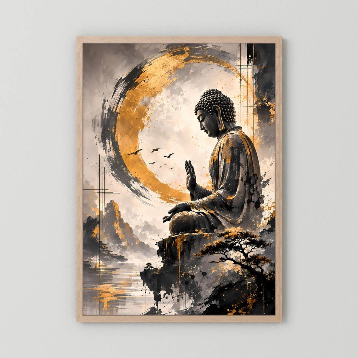 Zen-Poster mit sitzendem Buddha im goldenen Kreis, Holzrahmen in hellbraun