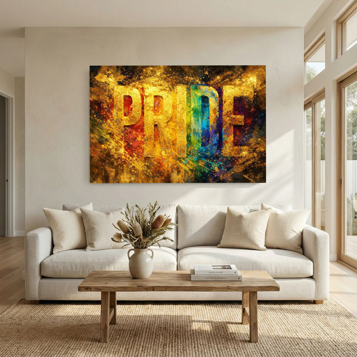 Wandbild im Querformat mit farbigem PRIDE-Schriftzug in Gold