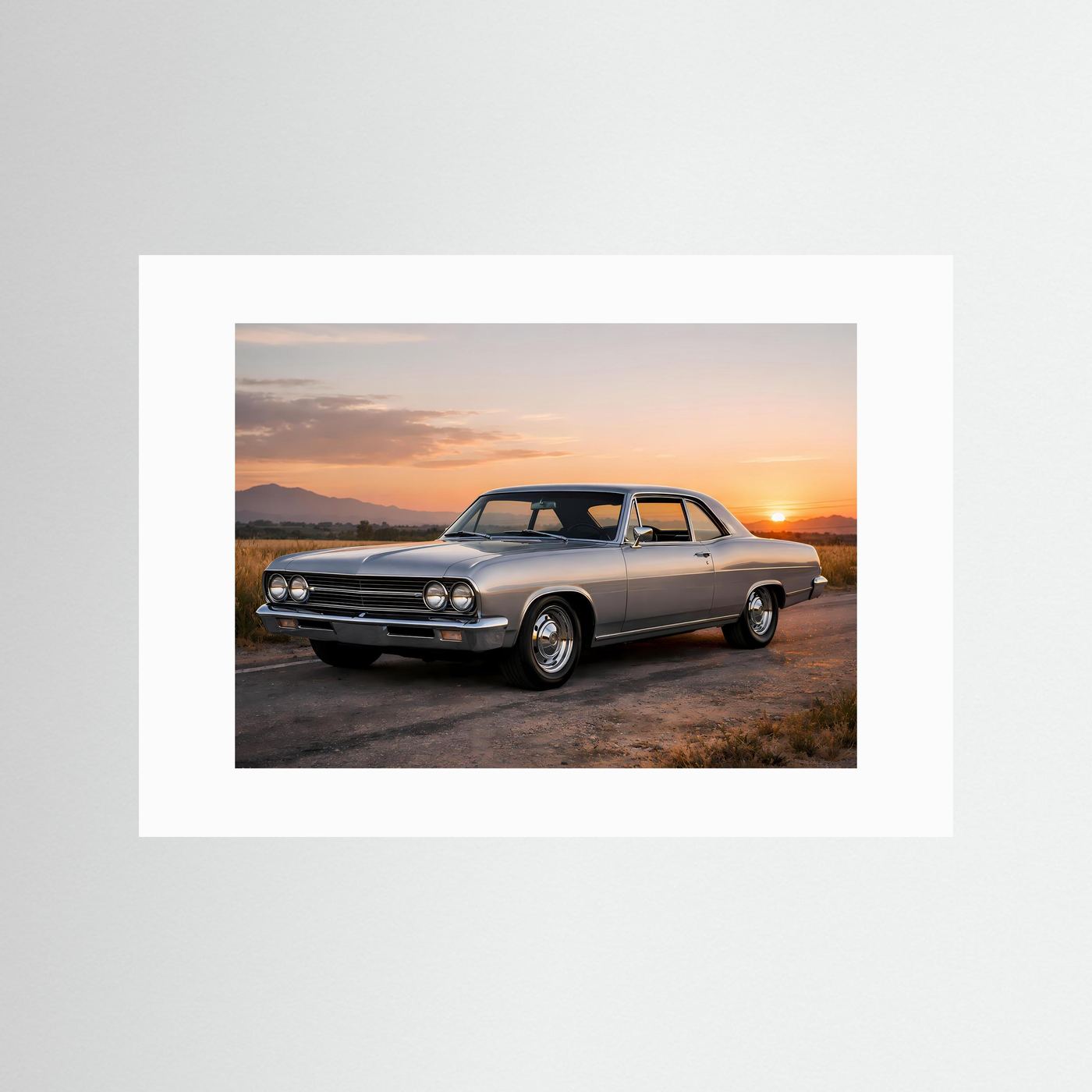 Poster im Querformat mit silbernem US-Oldtimer und weißem Passepartout