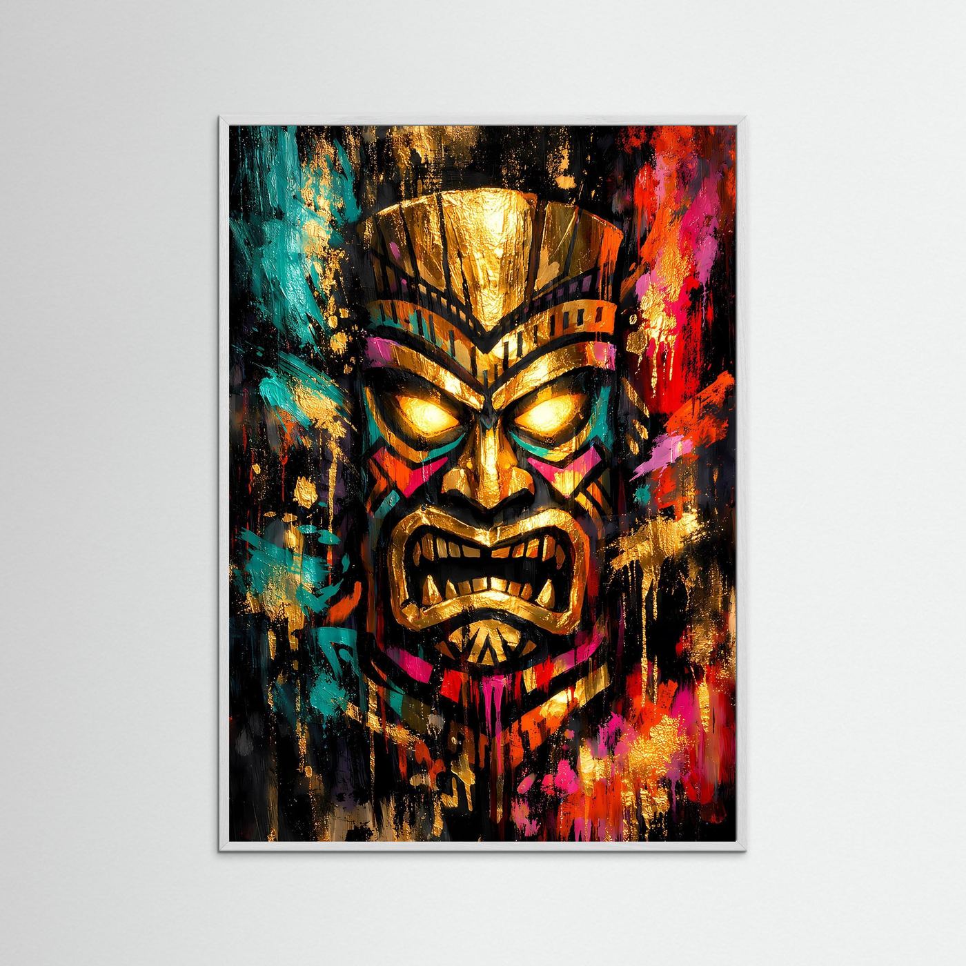 Gerahmtes Tiki-Kunstposter mit stilisiertem Tiki-Gesicht, goldfarben, türkis und neon-pink, Hochformat