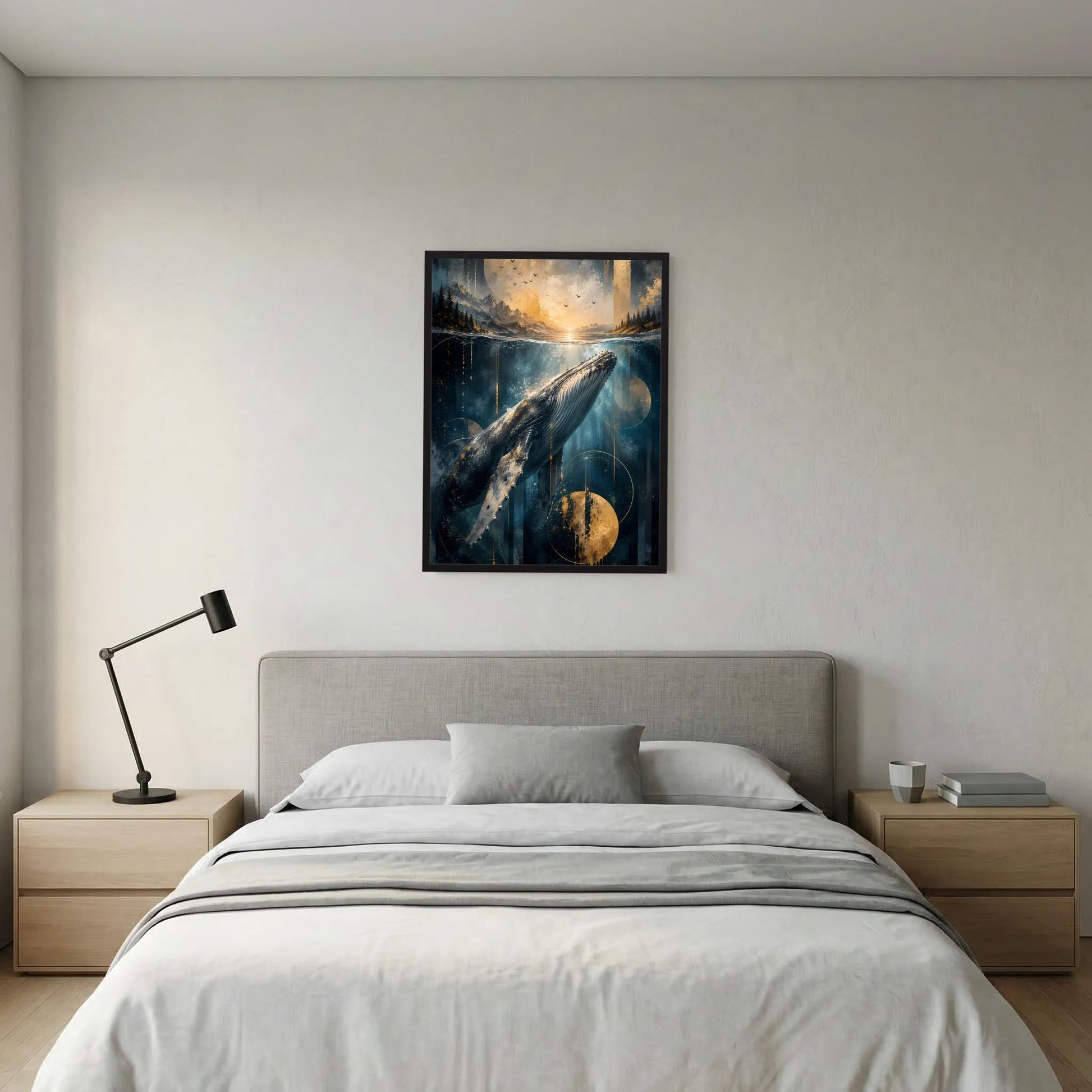 Hochformat-Poster mit schwarzem Rahmen: Wal unter Wasser, goldene Sonne im Hintergrund