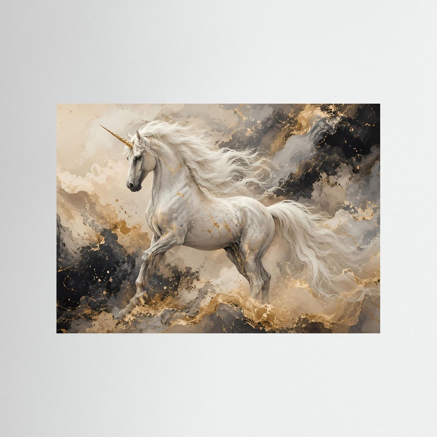 Einhorn Wandbild Weiß Gold | Mystische Fantasy Wandkunst | Elegantes Abstraktes Leinwandbild | Magisches Unicorn Poster | Premium Fine Art