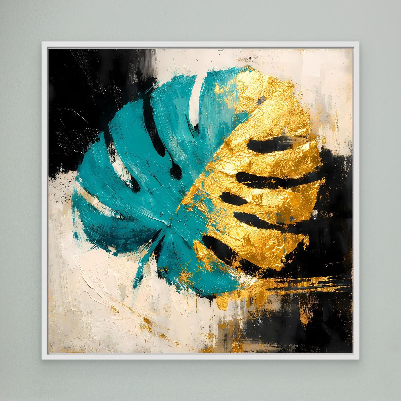 Leinwand Abstraktes Monstera Gemälde in Türkis und Gold | Modernes Botanik Wandbild