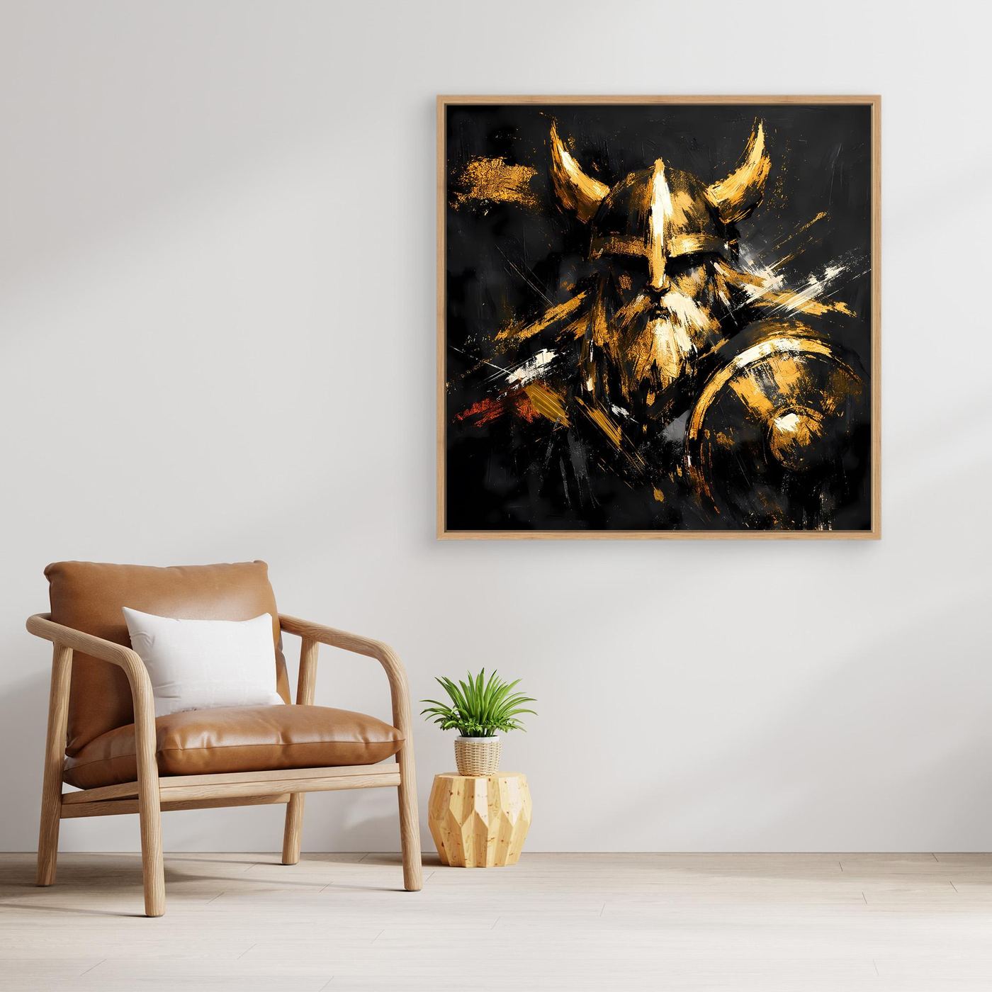 Leinwand Goldener Wikinger mit Schild | Abstraktes Nordmann Wandbild Modern