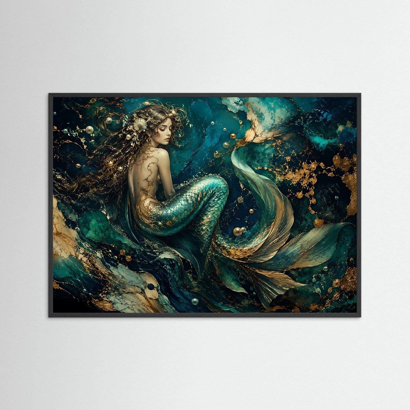 Mystische Meerjungfrau in Türkis & Gold | Luxuriöse Unterwasser Fantasy Kunst – Poster Querformat