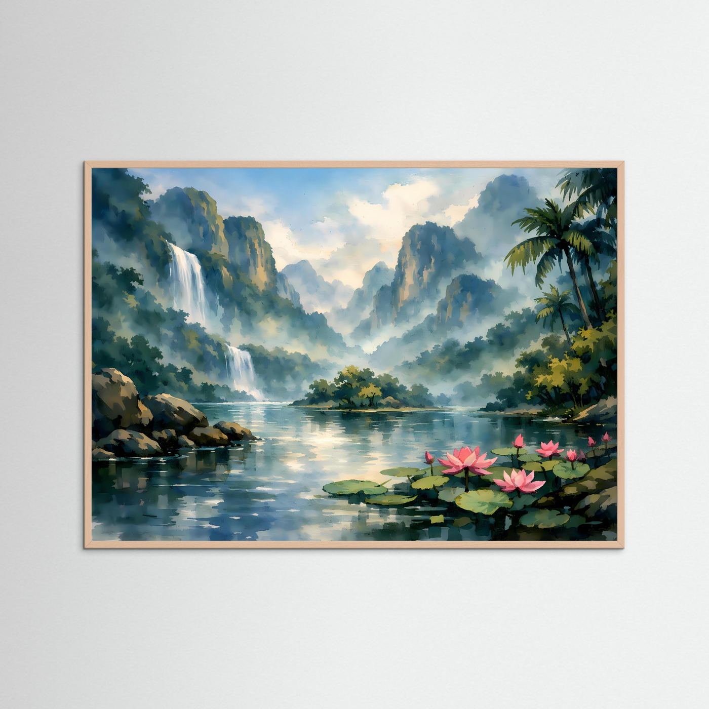 Querformatiger Kunst-Print im braunen Rahmen: Dschungelsee mit Wasserfall, Seerosen, Palmen.