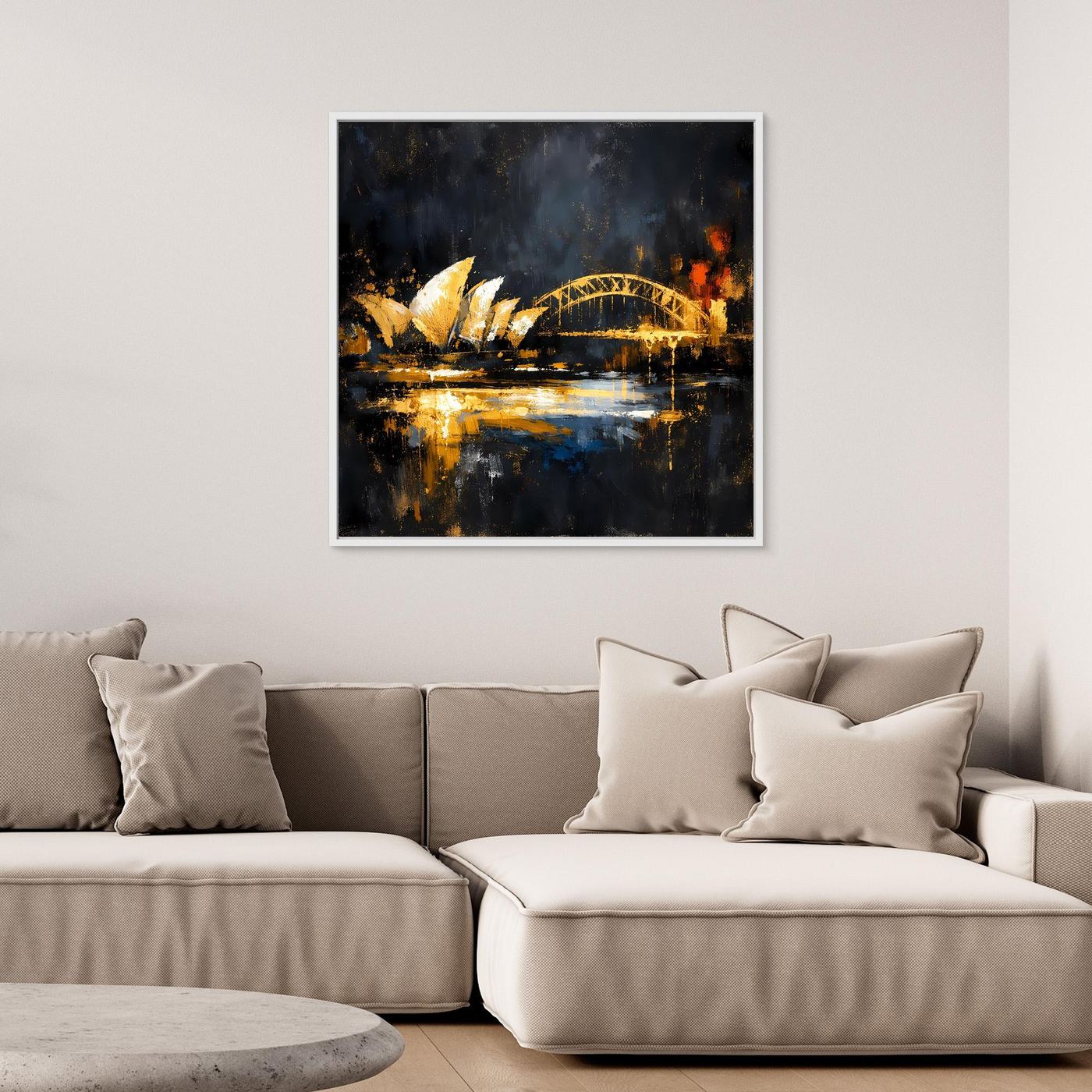 Leinwand Goldene Skyline von Sydney bei Nacht | Modernes Australien Wandbild
