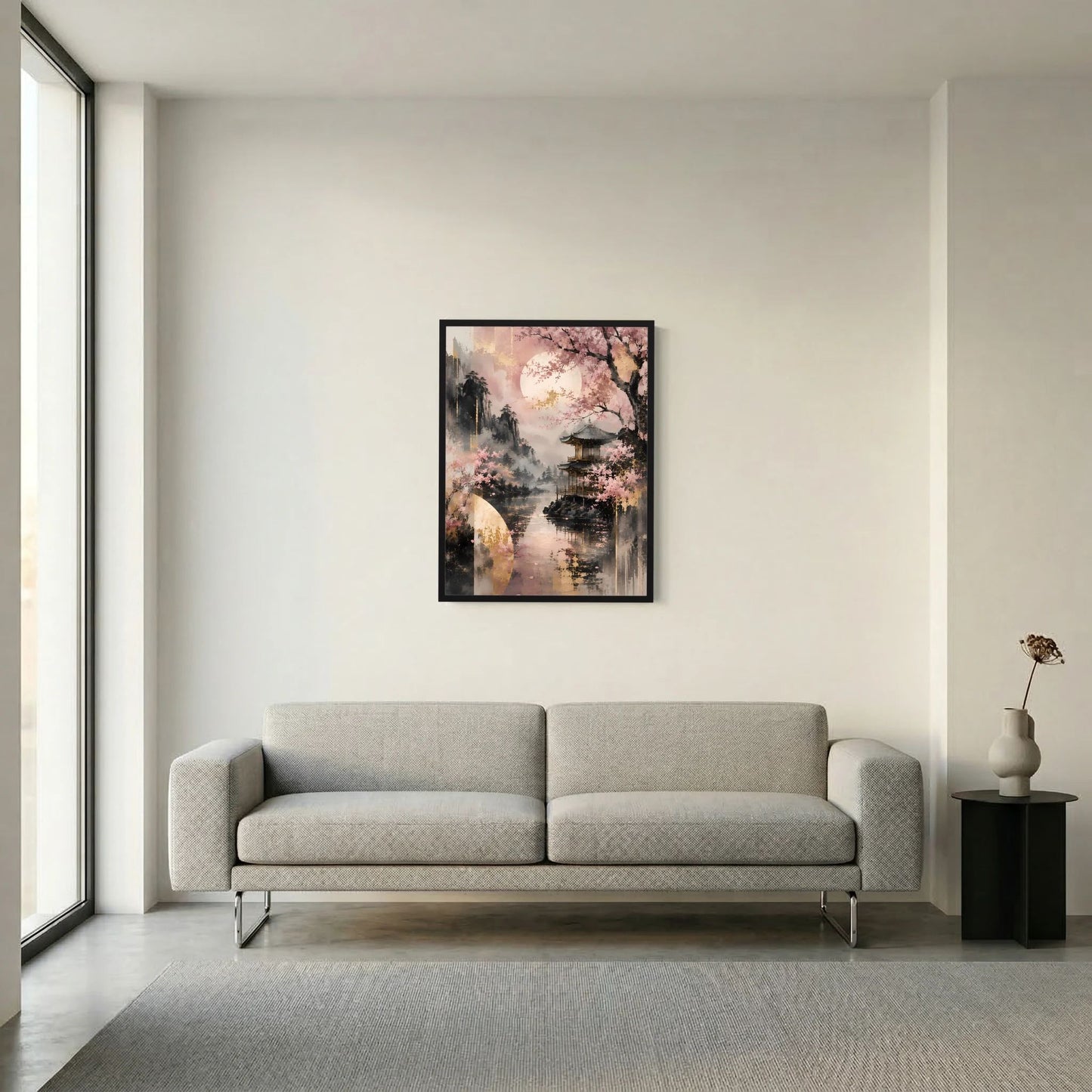 Hochformatposter mit Kirschblüten und Tempel am See in Rosa und Gold, schwarzer Rahmen