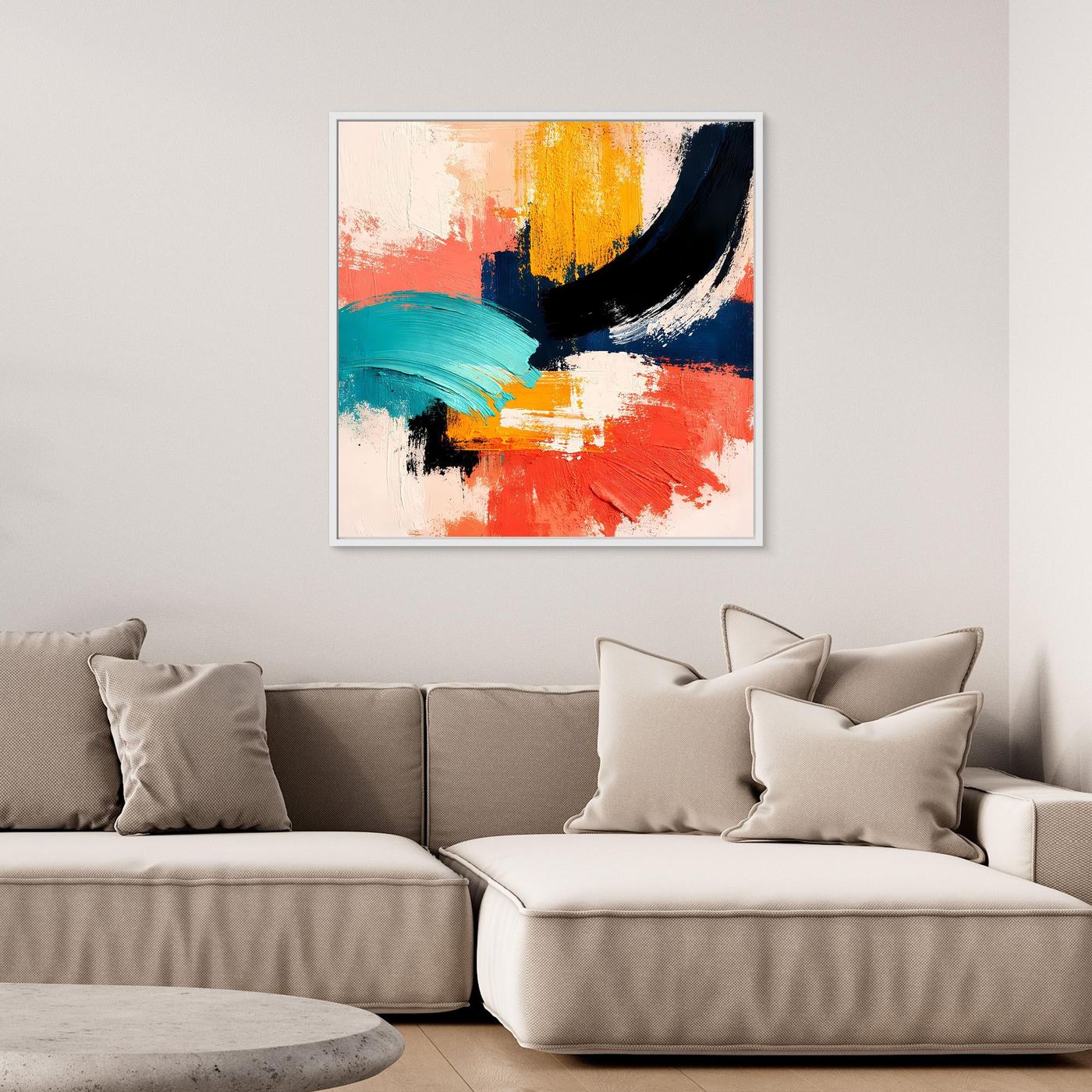 White-framed abstract wall art canvas with white, teal, orange, yellow, and dark navy brush strokes