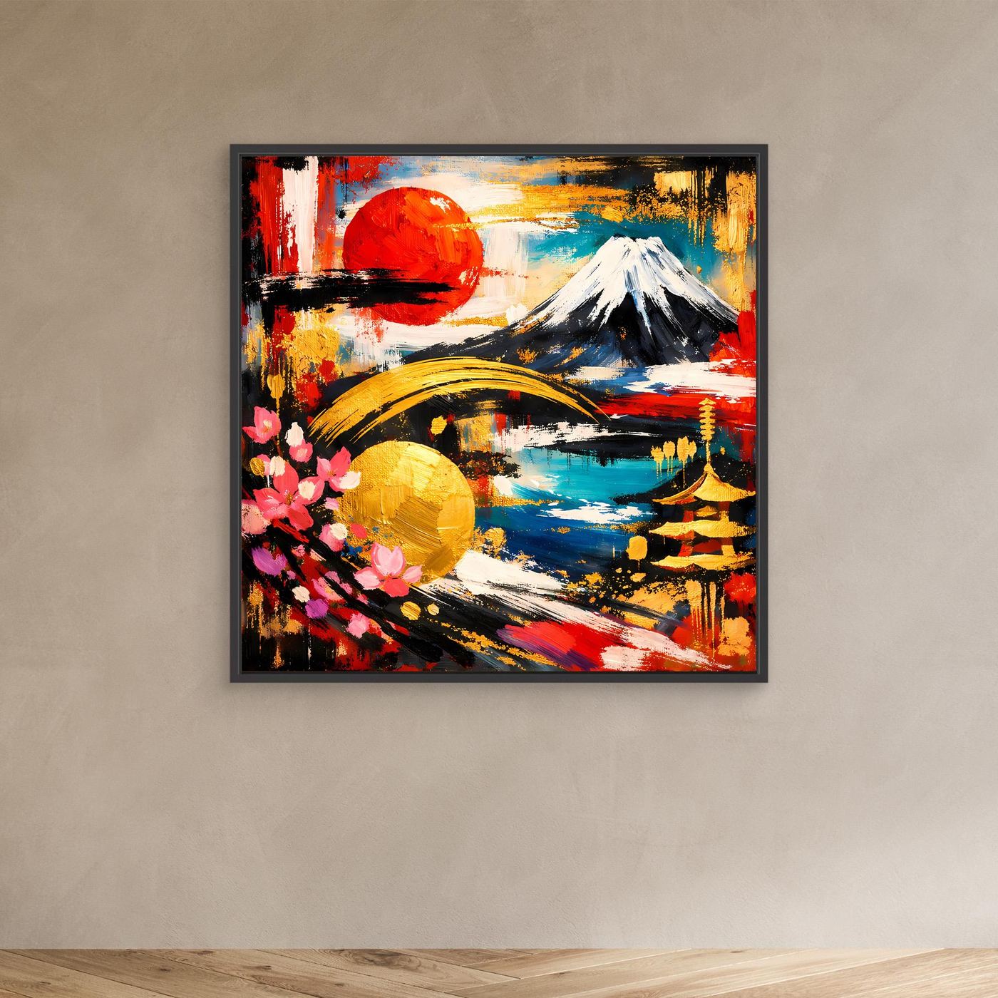Gerahmtes Leinwandbild mit abstraktem Fuji, roter Sonne, Kirschenblüten und Teich