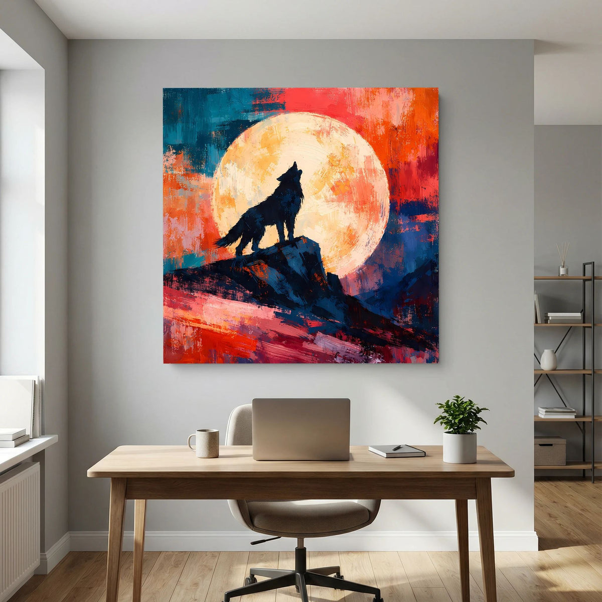 Leinwand Abstraktes Wolf Gemälde | Modernes Mystisches Wandbild Heulender Wolf Vollmond