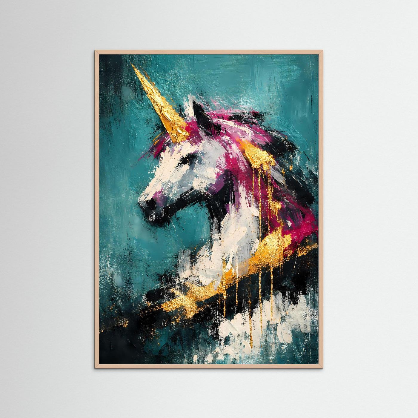 Abstraktes Einhorn-Kunstposter mit rosafarbenem Holzrahmen, türkis, magenta und gold