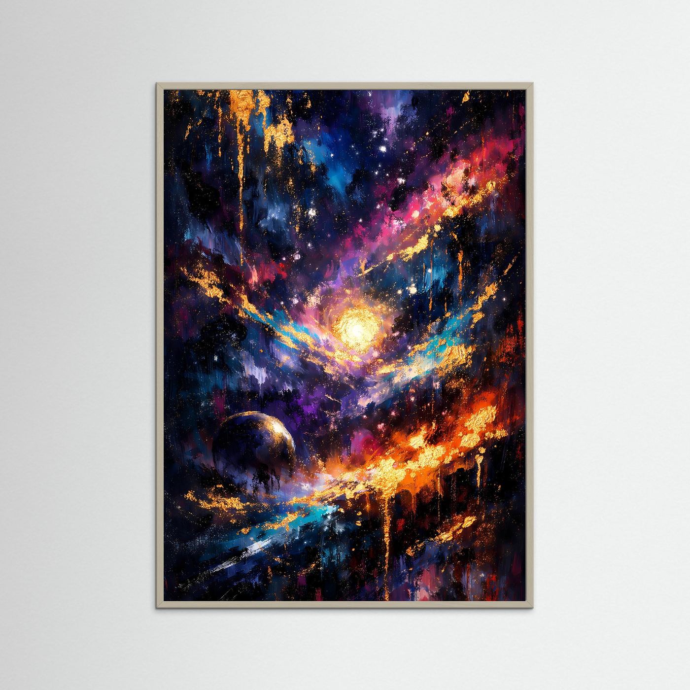 Hochformat-Weltallposter mit abstrakter Galaxie, leuchtender Sonne, grauer Holzrahmen