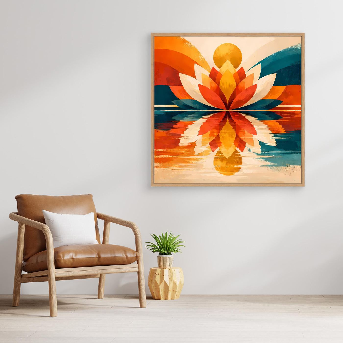 Gerahmtes Leinwandbild: abstrakter Lotus mit spiegelnder Farbfläche in Orange und Blau