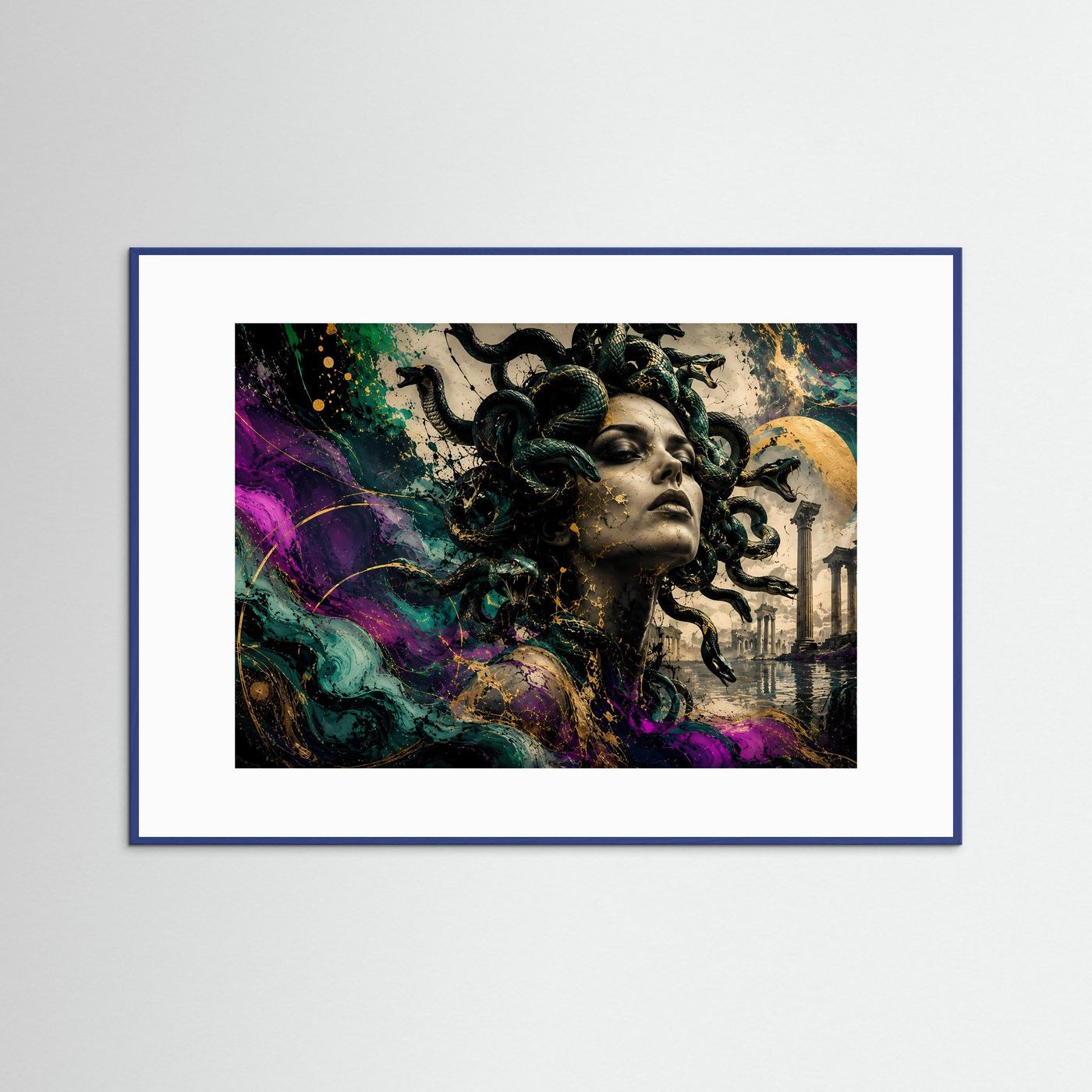 Medusa Wandbild Abstrakt | Mythologie Kunst mit Schlangen | Moderne Gorgone Wall Art | Griechische Antike Fantasy Poster | Luxus Leinwand Gold Akzente