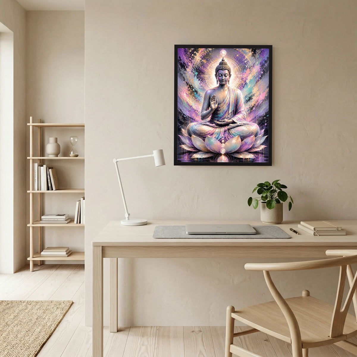 Wandposter mit sitzendem Buddha auf Lotusblüten, pastellfarbene Lichtaura