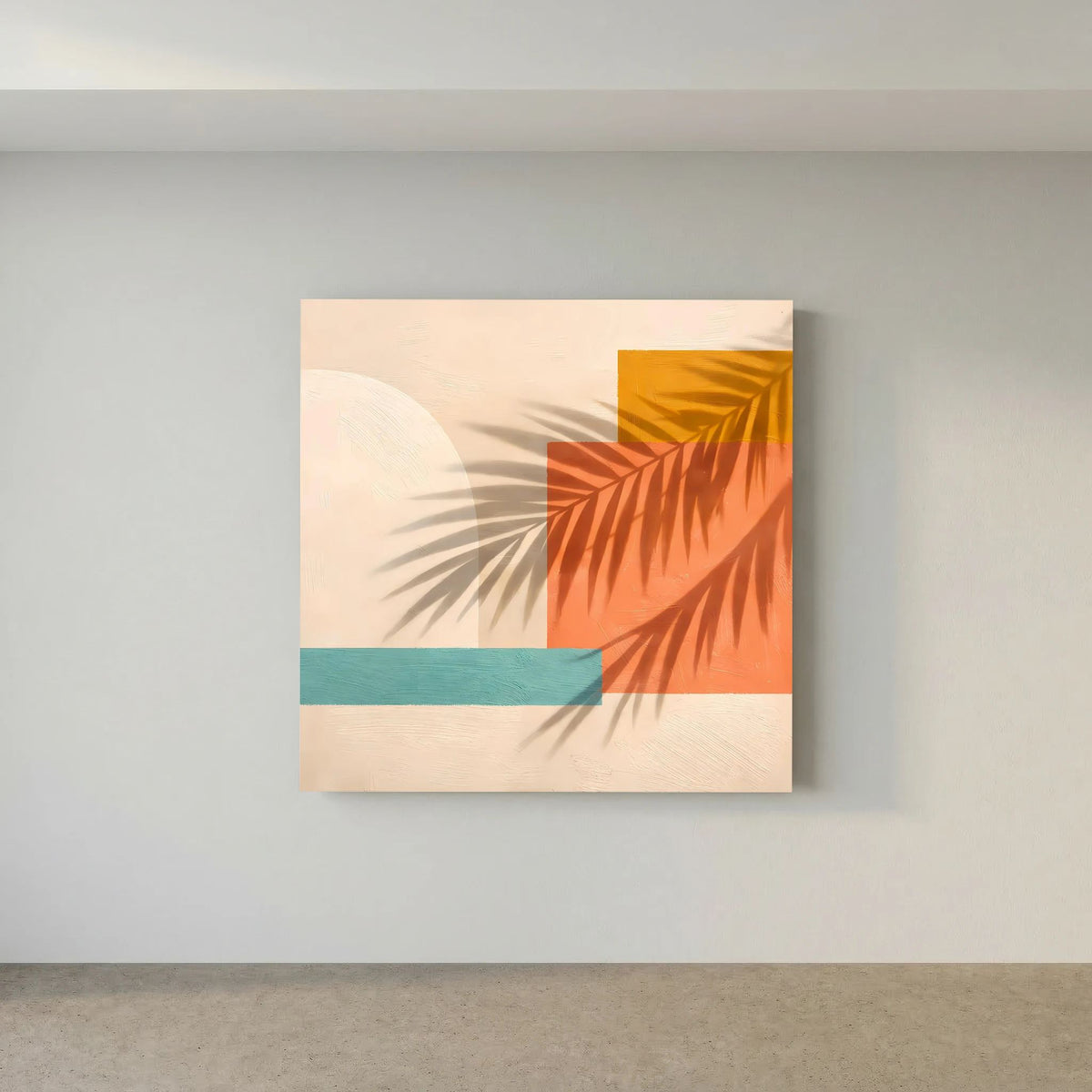 Leinwand Abstrakte Geometrie mit Palmenschatten | Modernes Boho Wandbild Terracotta