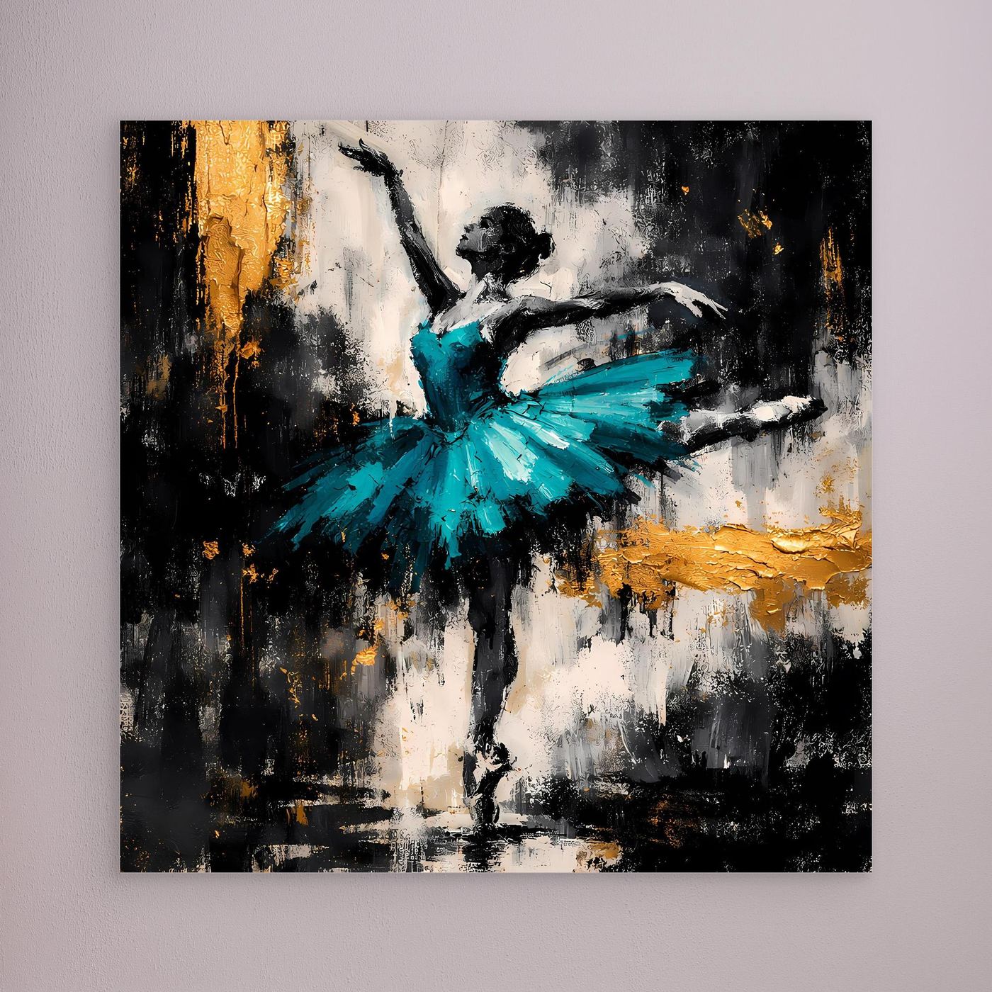 Leinwand Abstrakte Ballerina in Türkis und Gold | Modernes Ballett Wandbild mit Tanz-Motiv