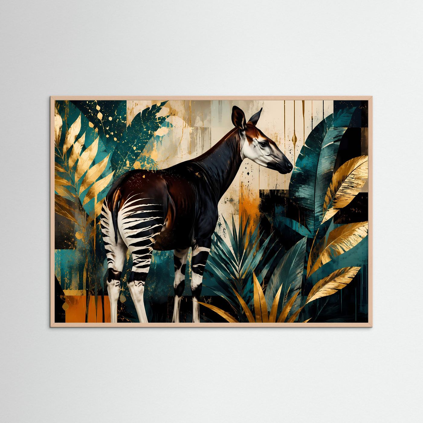 Anmutige Okapi im Dschungel-Farbspiel | Modernes Wildlife- & Dschungel-Poster Querformat